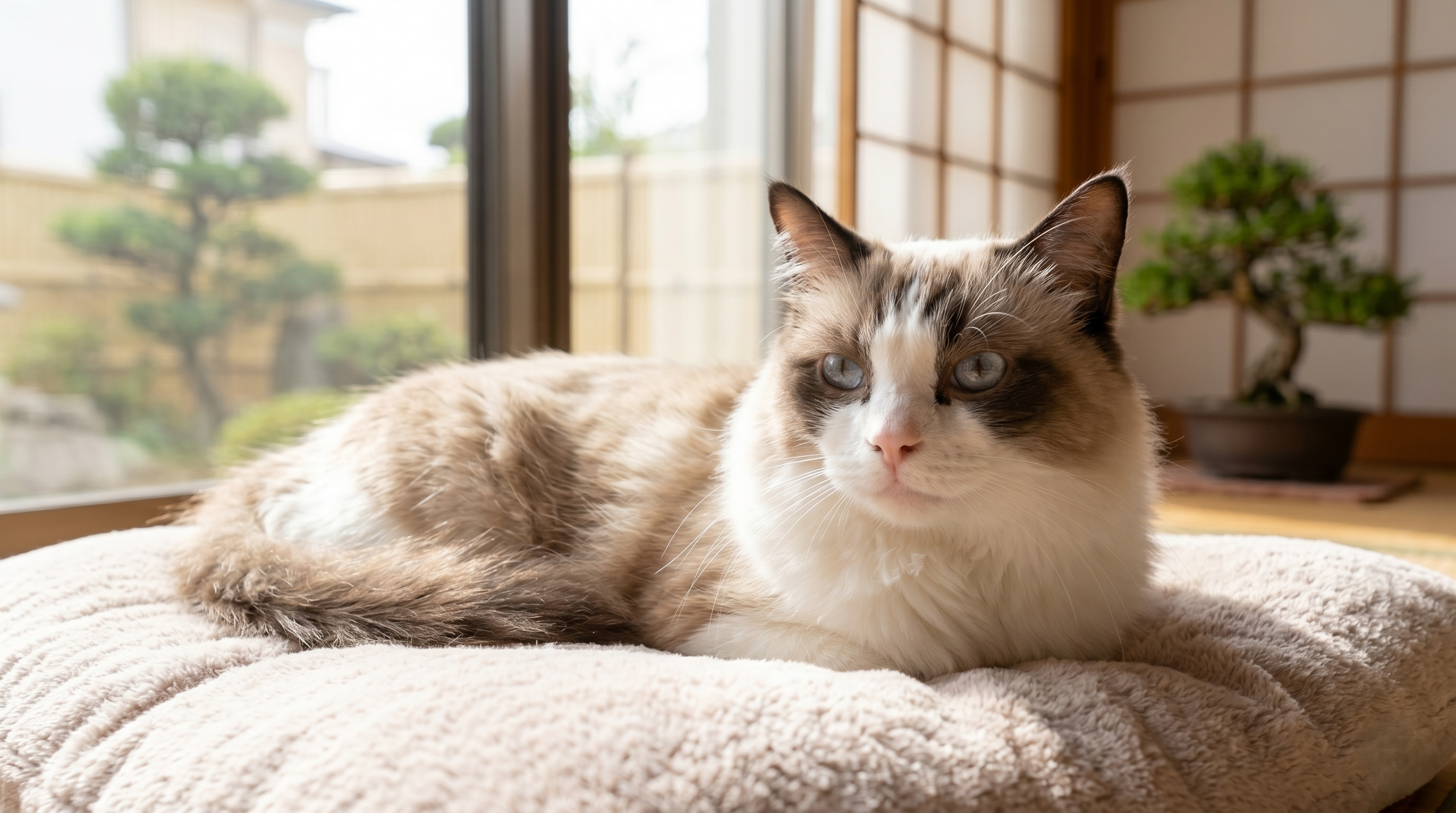 点眼薬を丁寧に差してもらいリラックスした表情の猫を抱く日本人女性（実写風）