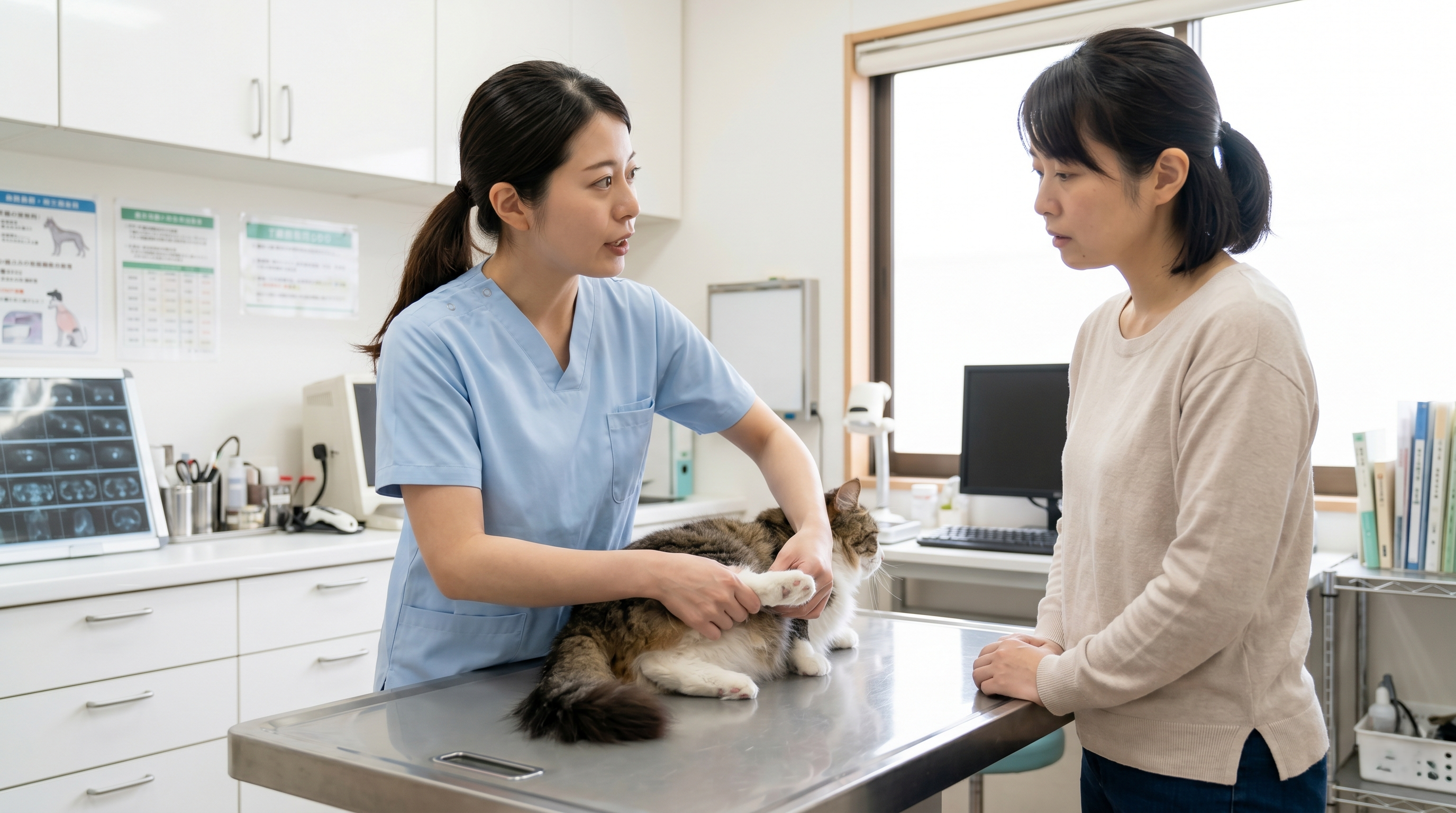 レントゲン写真を指さしながら説明する日本人獣医師と猫を抱く飼い主（実写風）