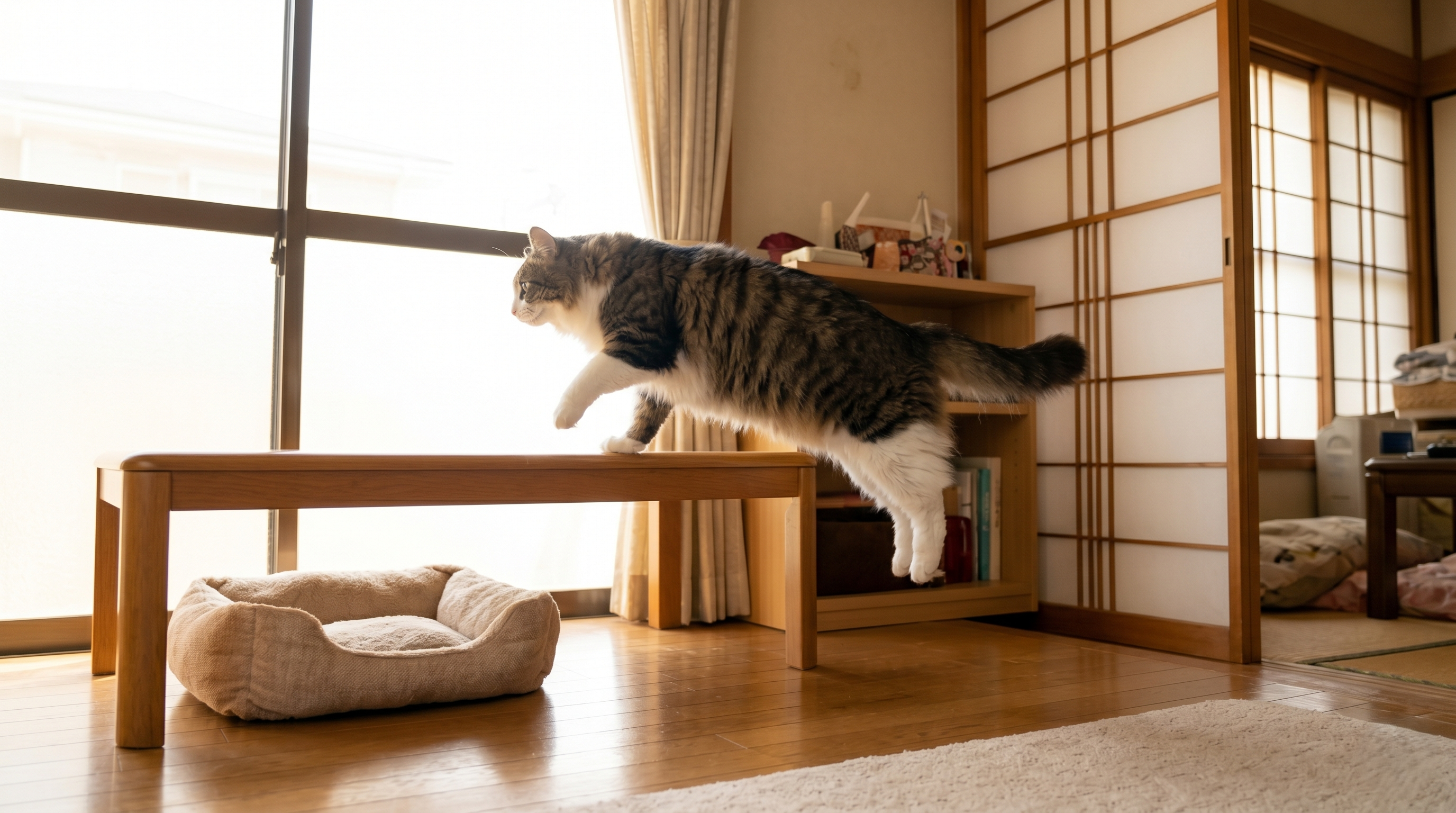 スロープを設置したソファで休む猫を穏やかに見守る日本人高齢女性（実写風）