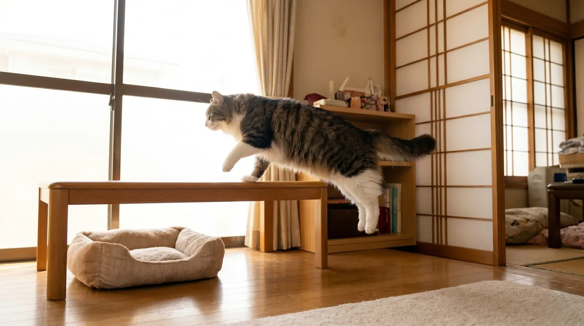 スロープを設置したソファで休む猫を穏やかに見守る日本人高齢女性（実写風）