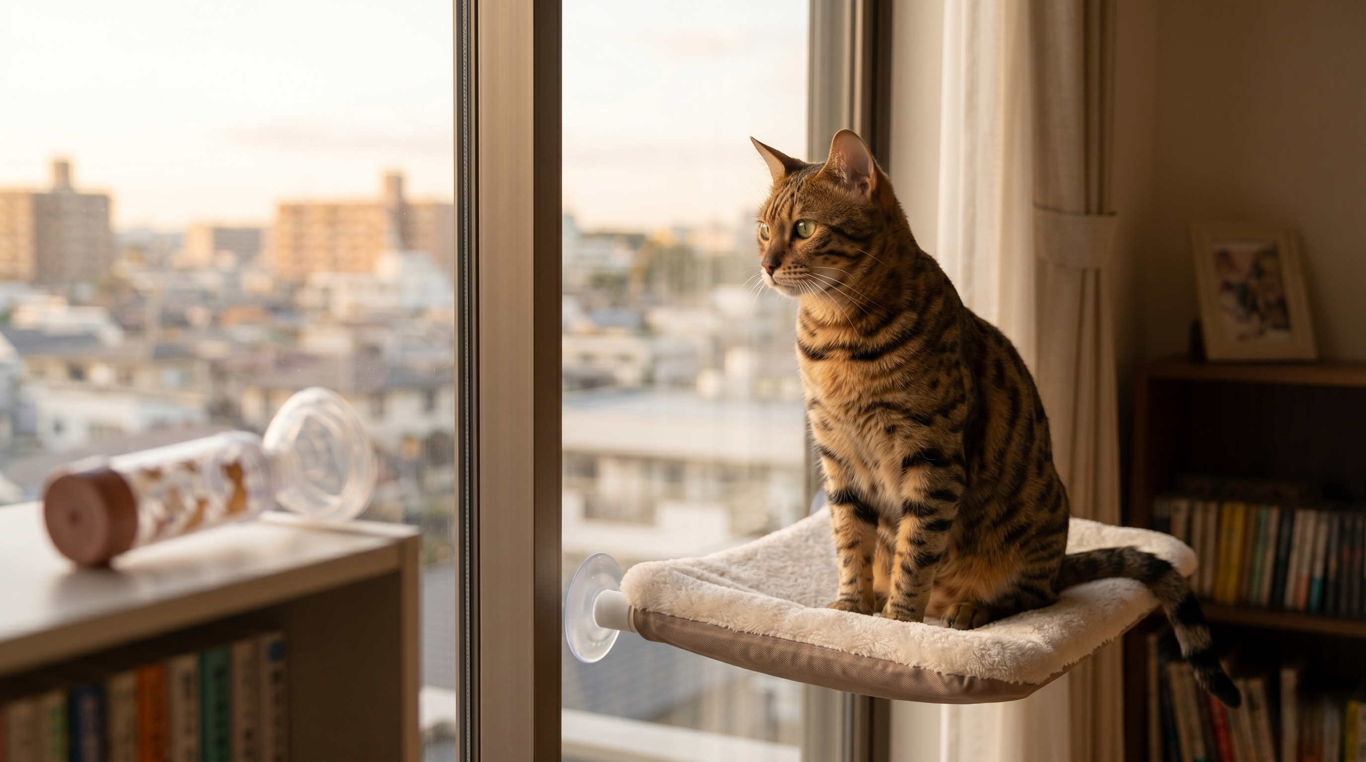 吸入スペーサーを猫に当てて投薬する日本人男性（実写風）