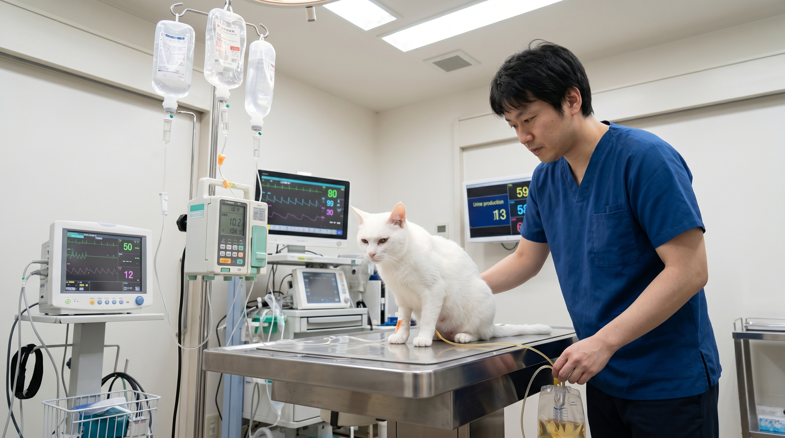 動物病院の集中治療室で点滴を受けている猫を担当する日本人獣医師（実写風）