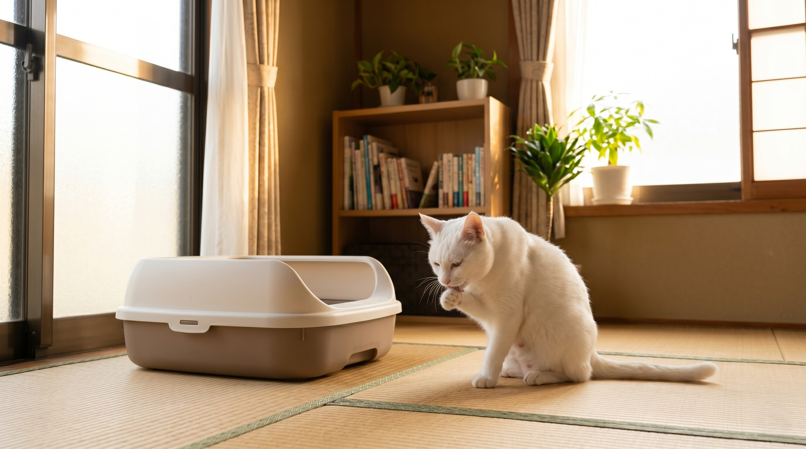 動物病院の診察室で猫の腹部超音波検査を実施する日本人獣医師（実写風）