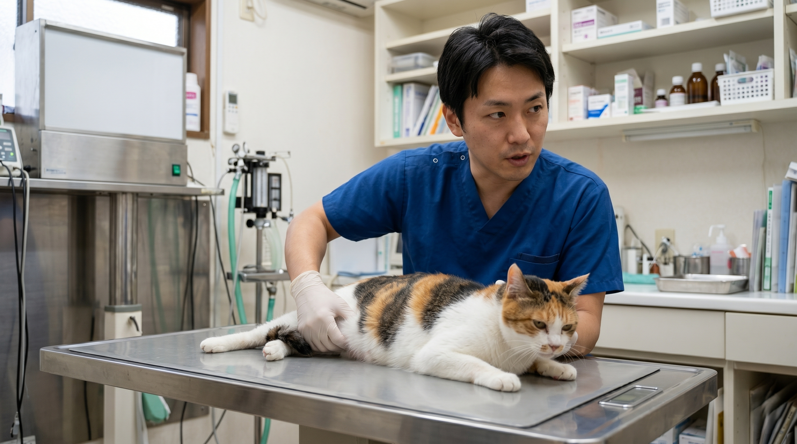 腹部X線写真を見ながら猫の飼い主に説明する日本人女性獣医師（実写風）