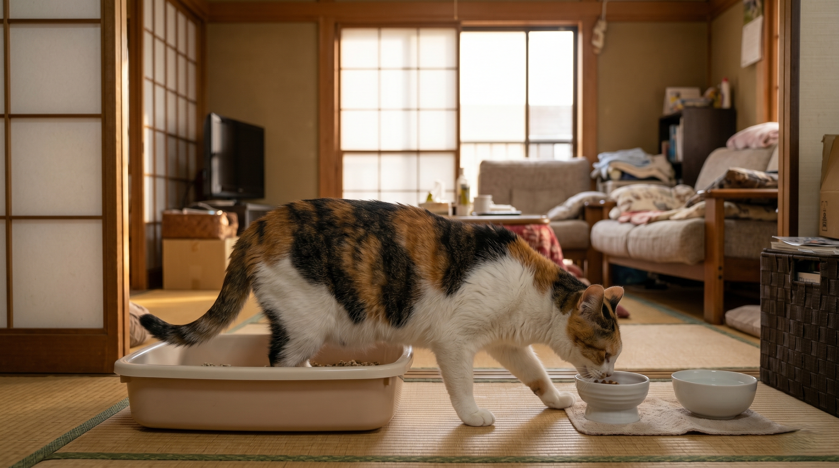 猫用ウォーターファウンテンで水を飲む猫と微笑む日本人女性（実写風）