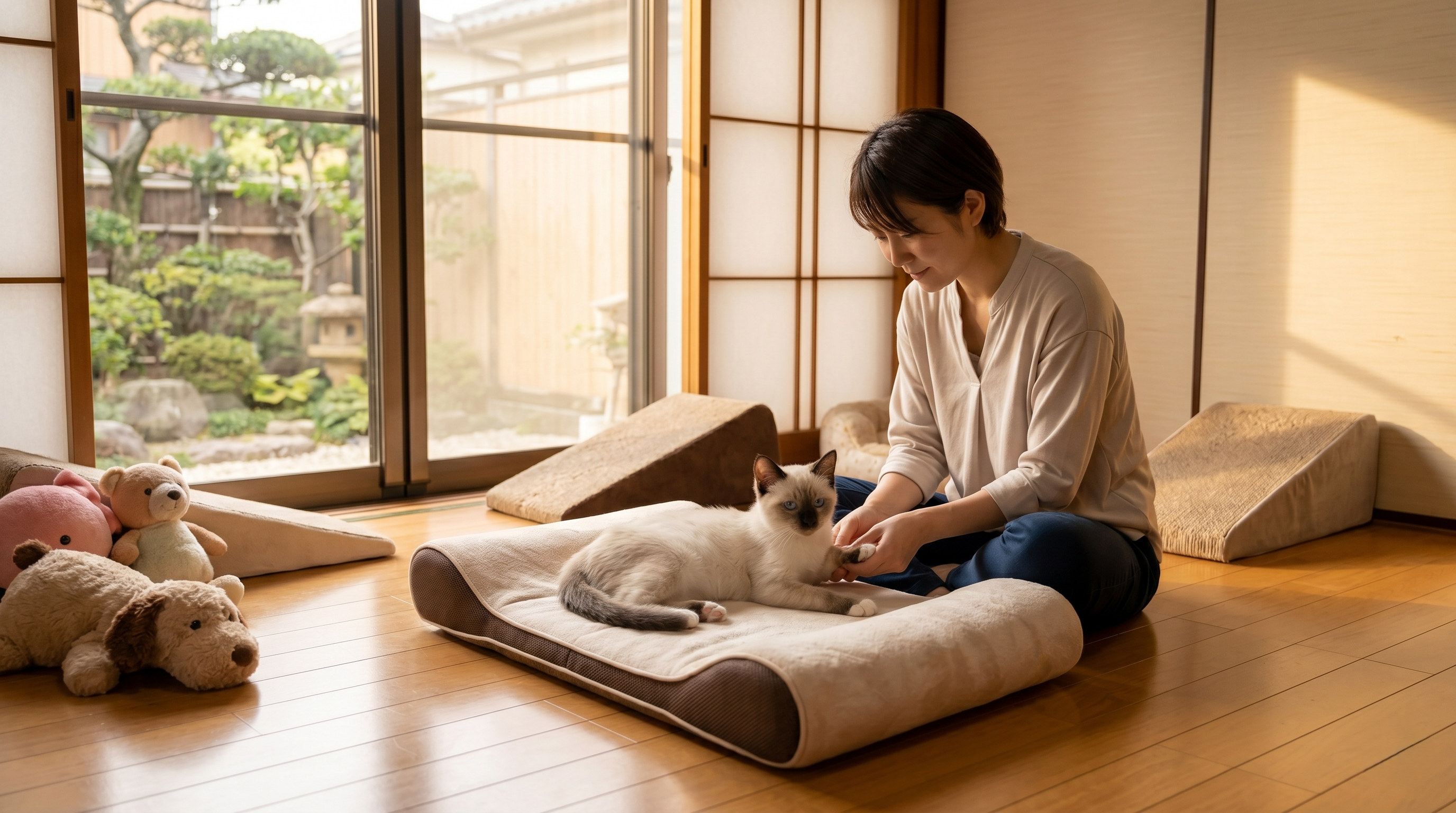 穏やかな室内環境で休む筋ジストロフィーの猫と飼い主（実写風）