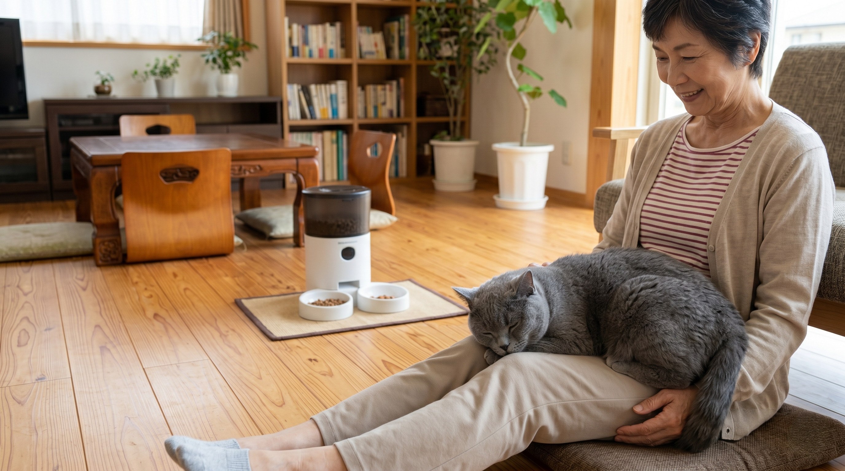 室内で静かに過ごす猫と見守る飼い主（実写風）