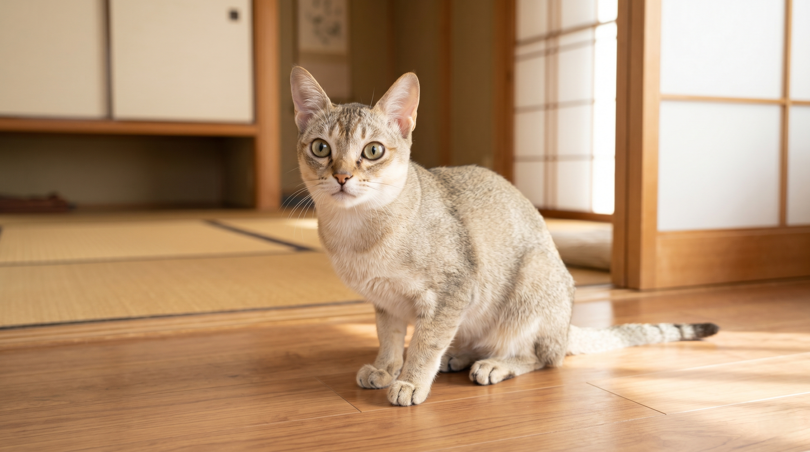 動物病院で目の点眼処置を受ける猫（実写風）