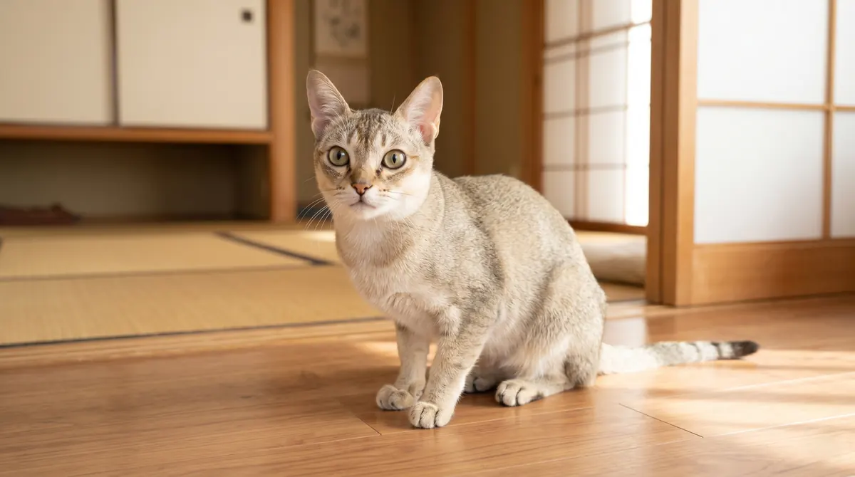 動物病院で目の点眼処置を受ける猫（実写風）