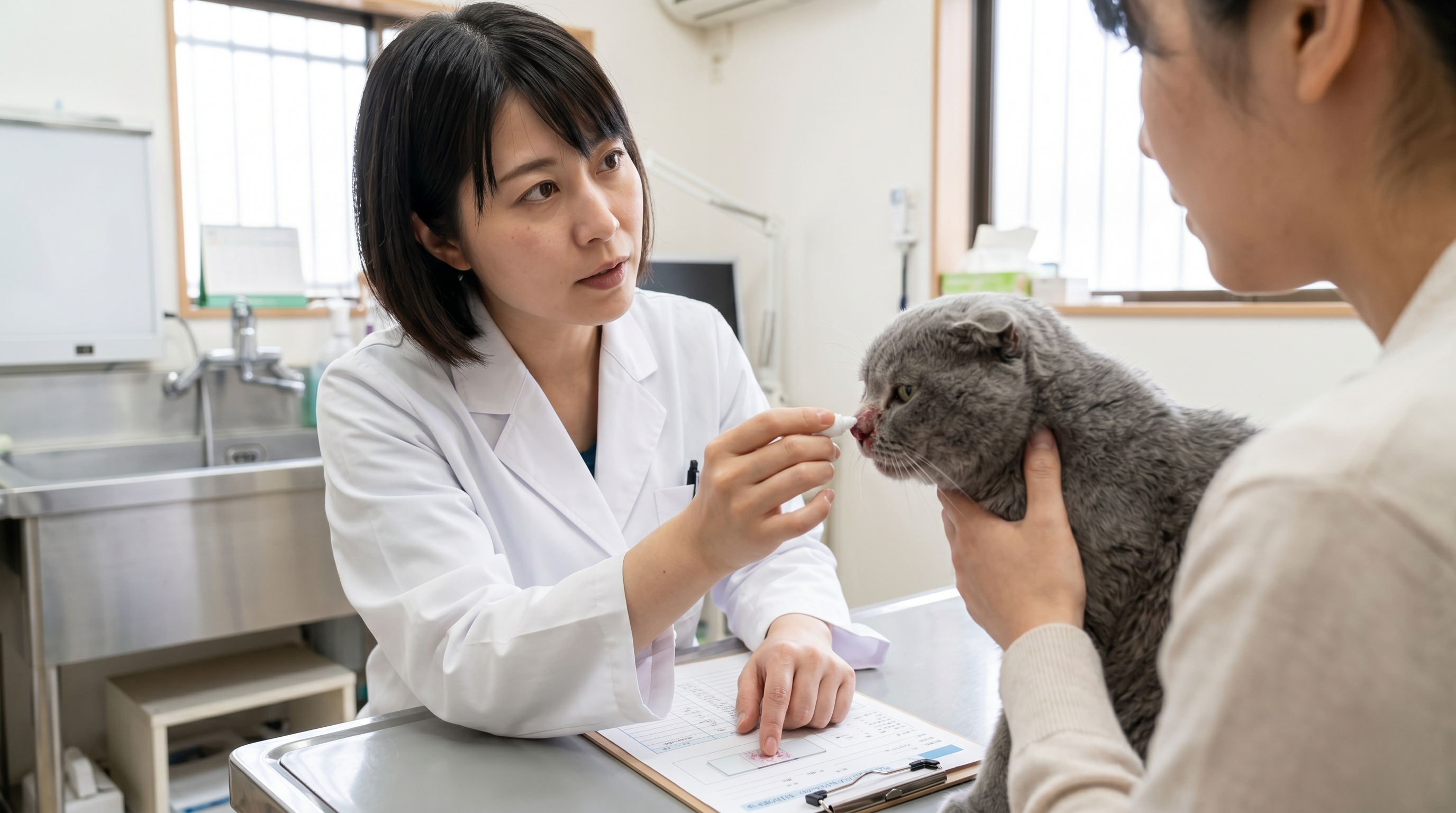 鳥の糞が落ちた屋外環境と猫の関係を示す自然風景（実写風）
