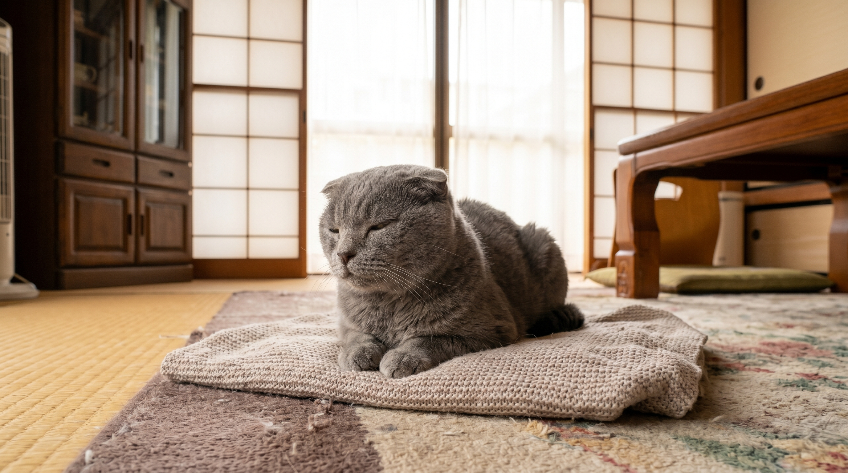 動物病院で内服薬の投与方法を指導される飼い主と猫（実写風）