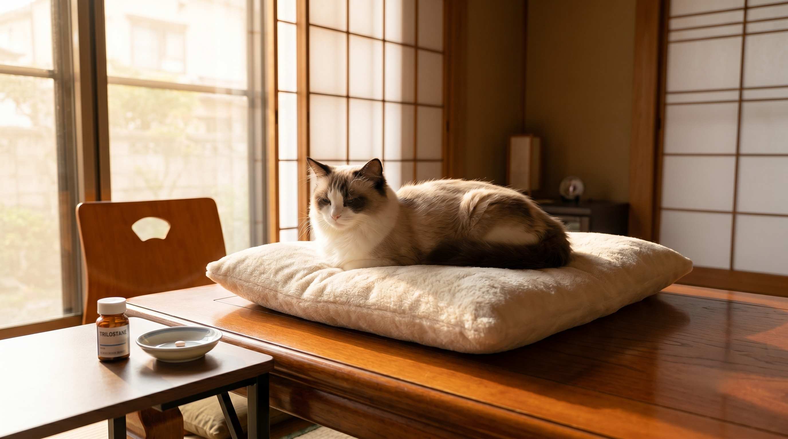 垂直姿勢で猫に食事を与えている日本人家族（実写風）