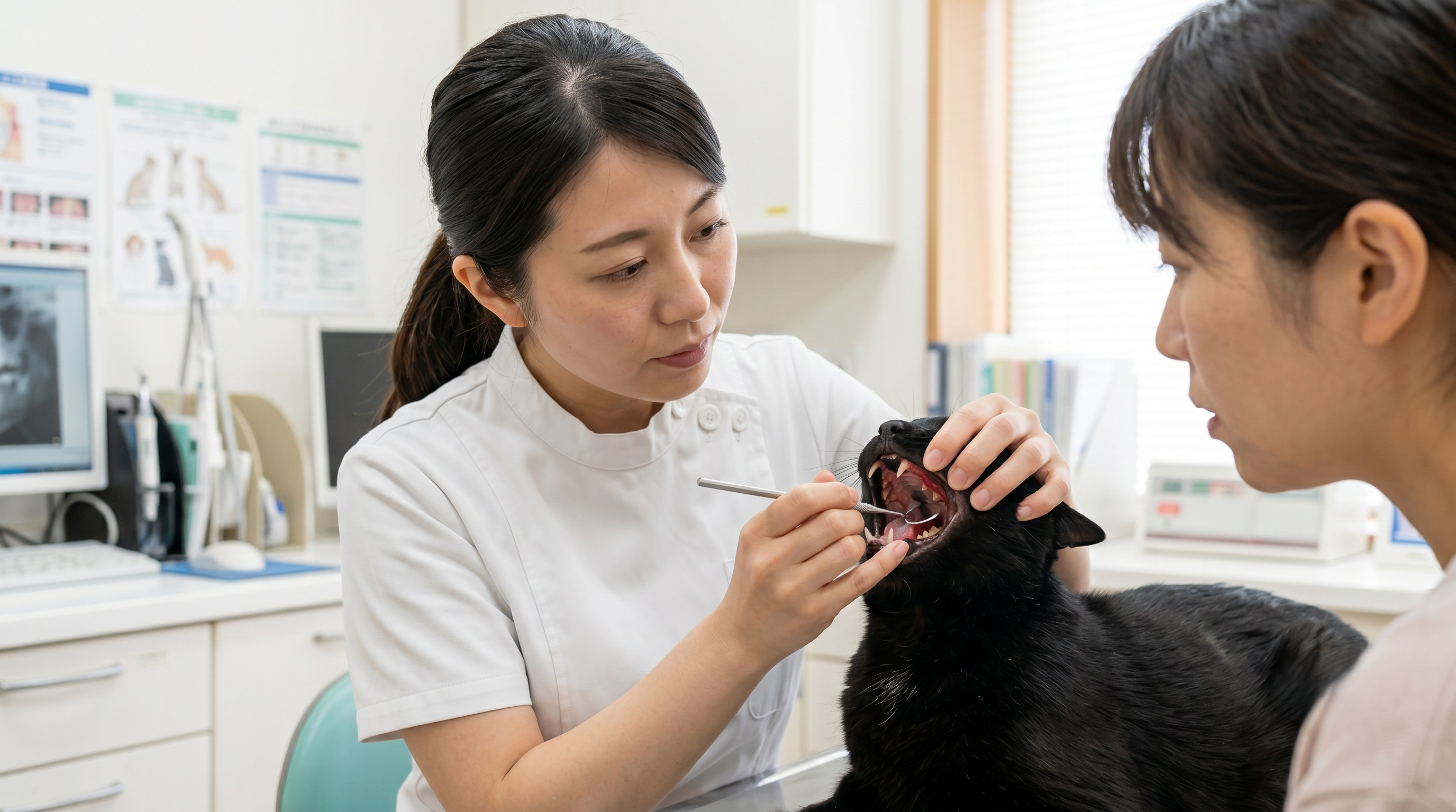 ホルモン検査のため採血を受ける猫と動物病院スタッフ（実写風）