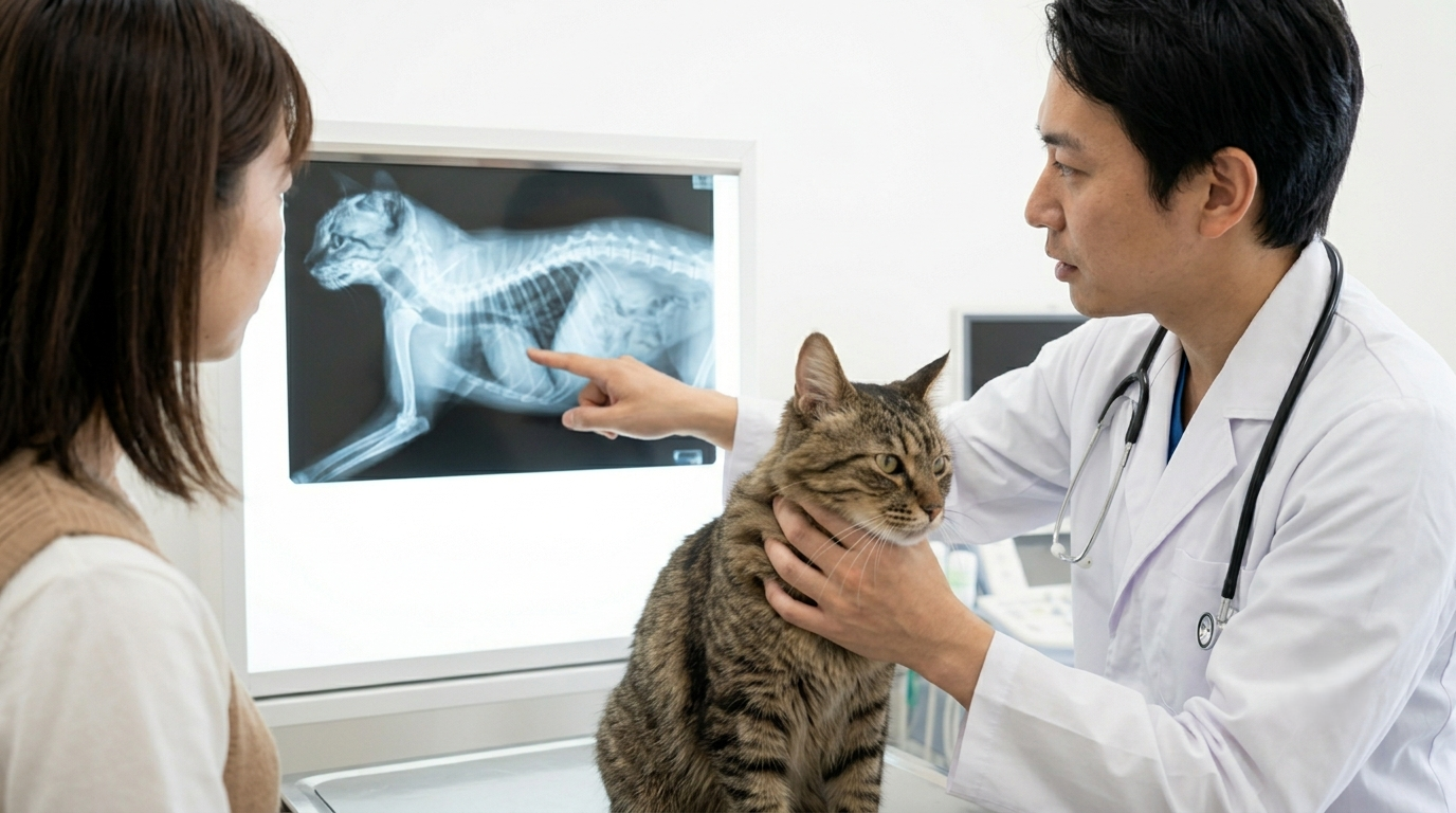 猫の口腔内を口腔内視鏡で診察する獣医師（実写風）