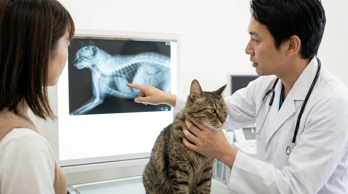 猫の口腔内を口腔内視鏡で診察する獣医師（実写風）