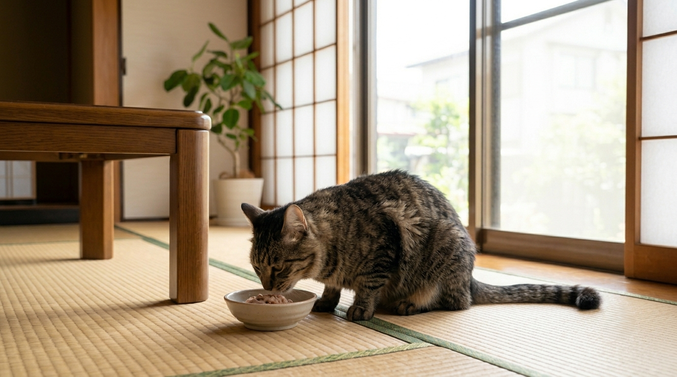 回復して食欲が戻りフードを食べる猫（実写風）