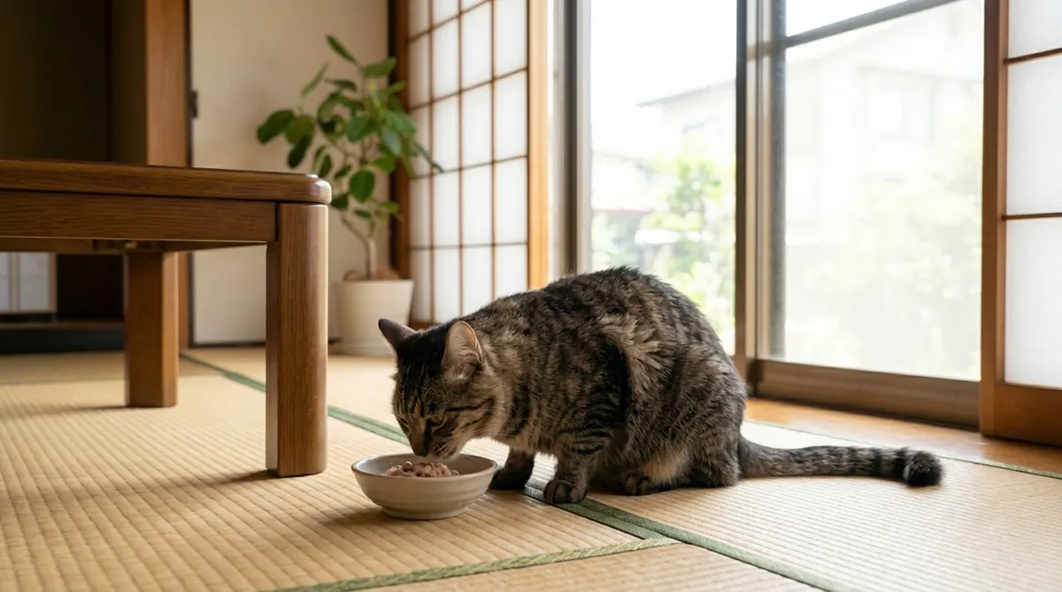 回復して食欲が戻りフードを食べる猫（実写風）