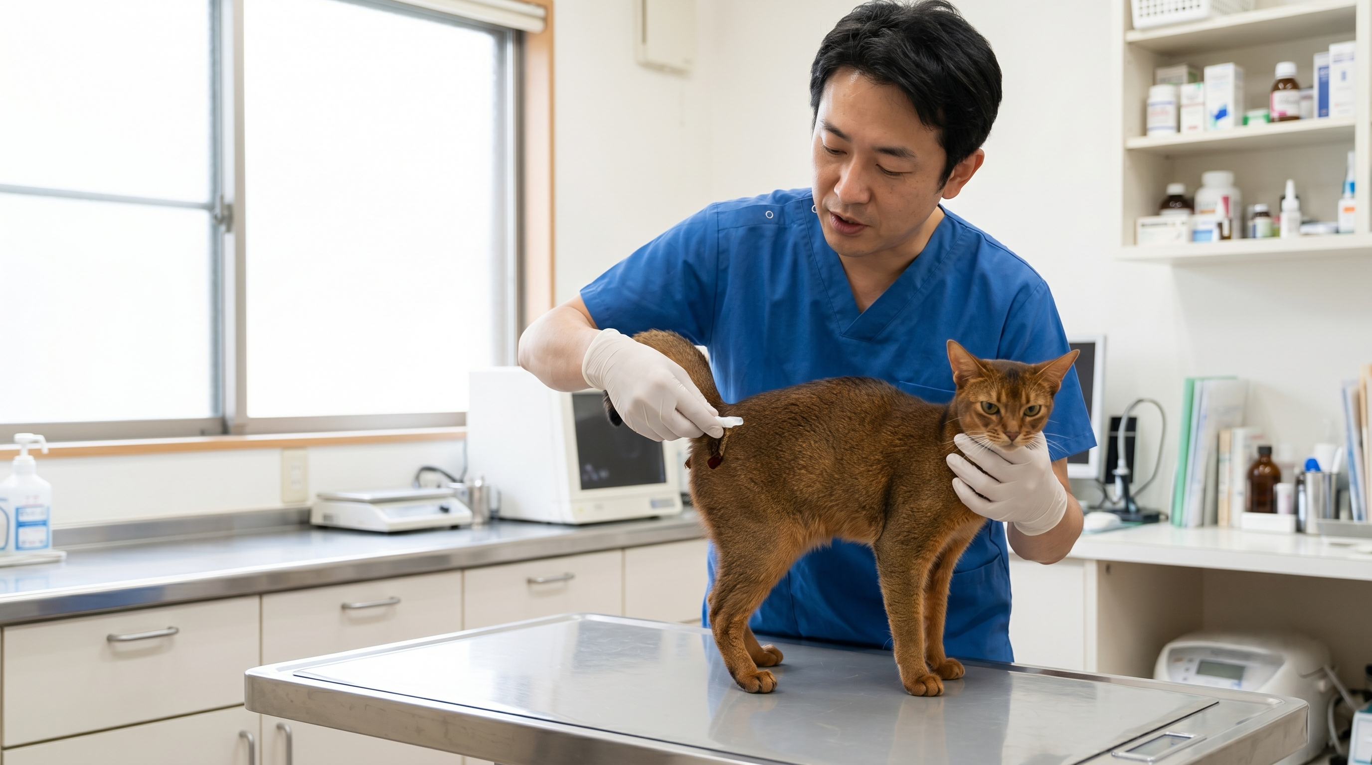 獣医師が猫の肛門嚢を触診で確認している様子（実写風）
