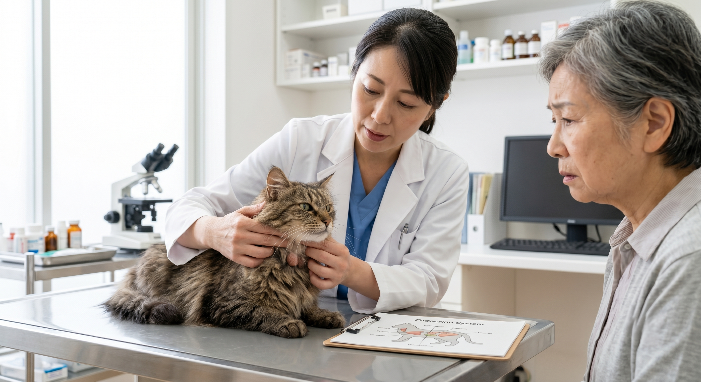 高齢猫の首の甲状腺部位を触診する獣医師（実写風）
