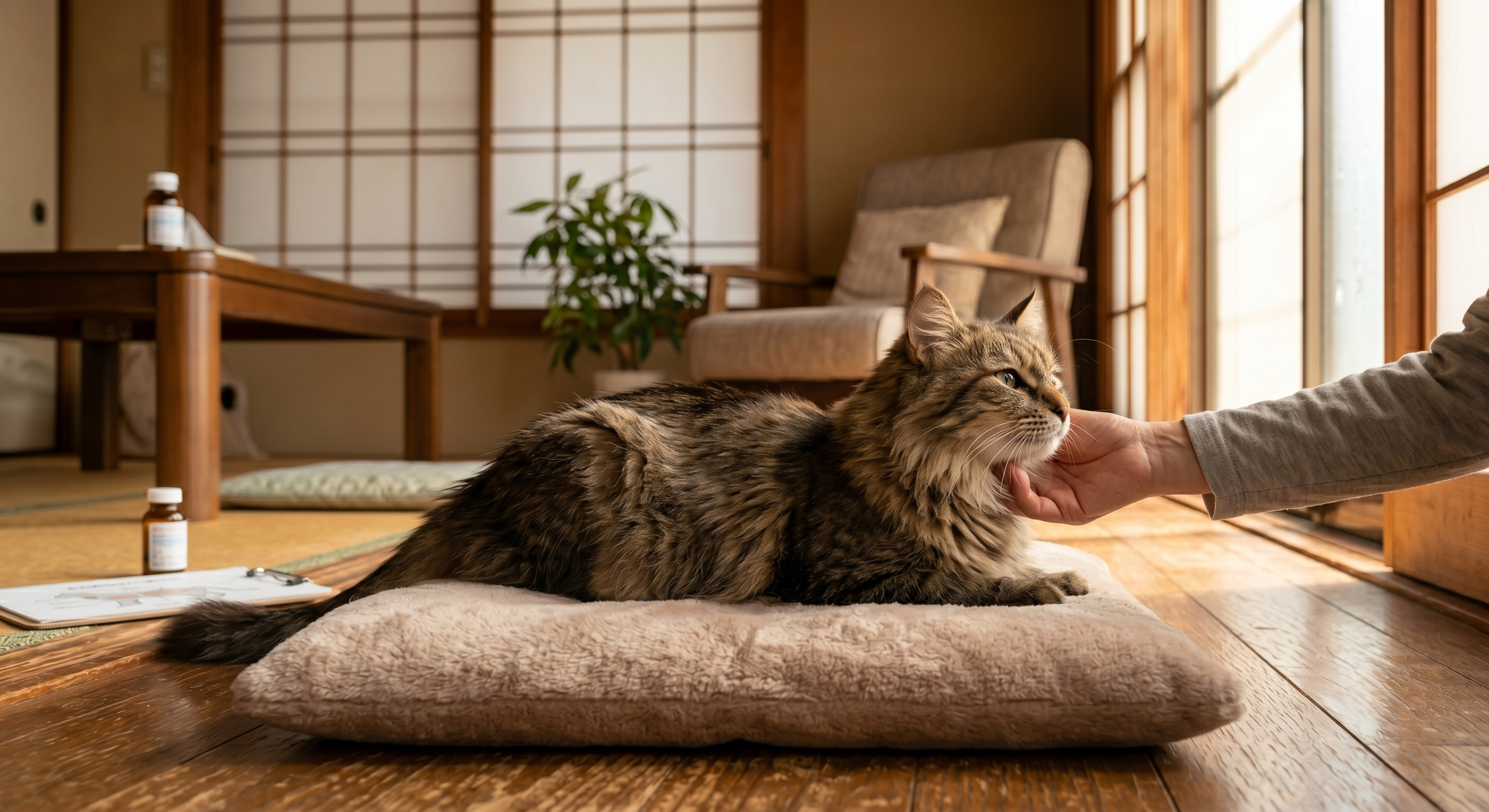 定期的な血液検査を受ける高齢猫と日本人の飼い主（実写風）