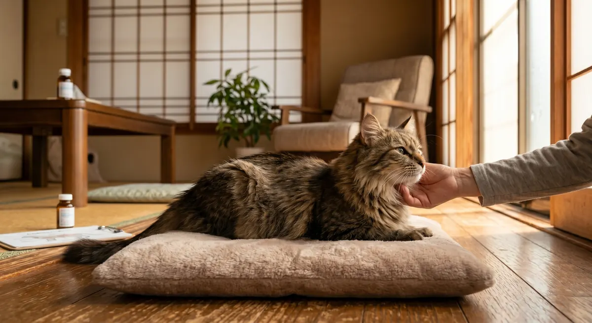 定期的な血液検査を受ける高齢猫と日本人の飼い主（実写風）