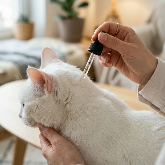 動物病院の清潔な診察室にて。詳しく顕微鏡を覗きながら、モニターに映し出された楕円形の鉤虫卵を飼い主に示しているシーン。診察台の上には、首の後に垂らすだけの最新スポット型駆虫薬（ブロードラインやレボリューション等）が準備されている。重症の子猫に対しては、点滴や栄養剤の投与が行われ、命を繋ぎ止めるための懸命な治療が進んでいる場面（検便診断・駆虫薬・子猫の救命・実写風イラスト）