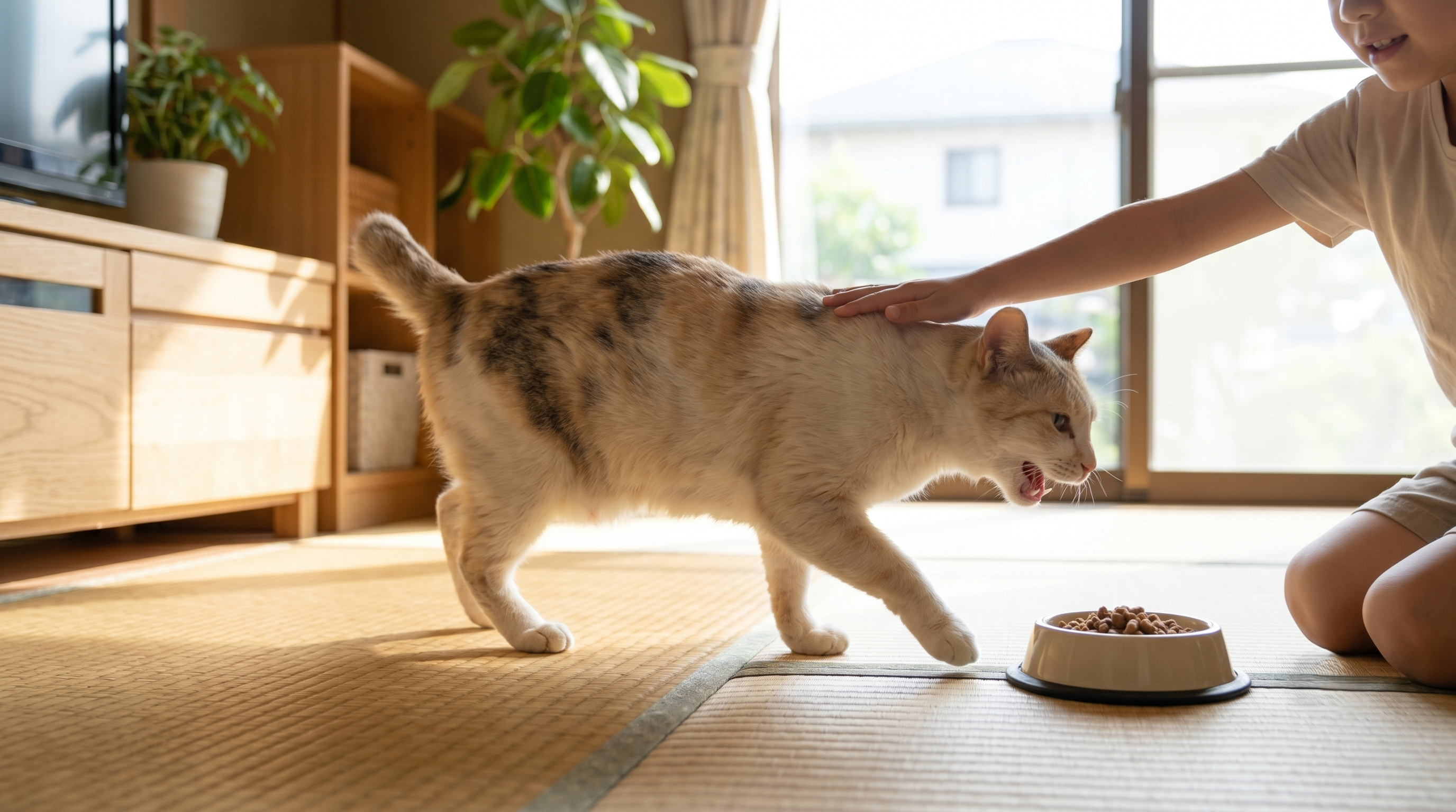 回復した猫を優しく抱きしめる日本人飼い主（実写風）