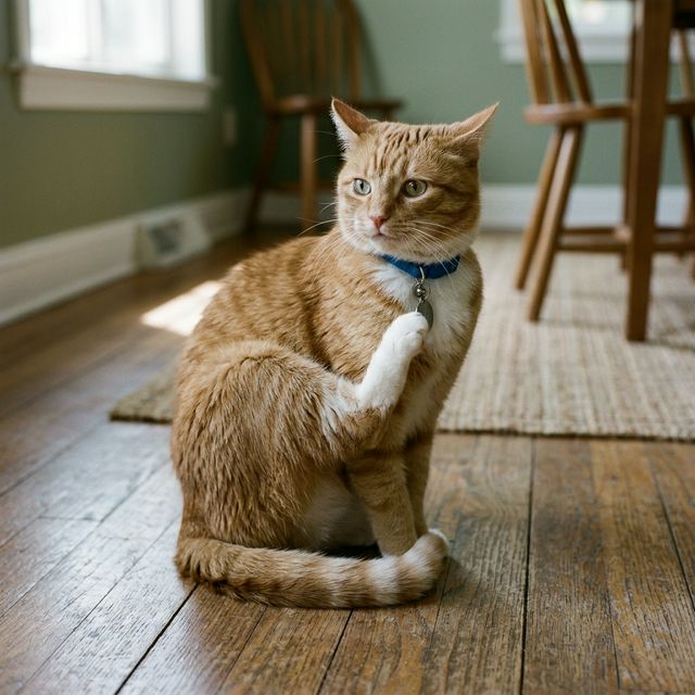 リビングの床で、若い猫が右の後ろ足を不自然に曲げたまま、横たわっている様子。折れた足は地面につくことができず、不自然な方向にぶらついているように見える。猫の顔つきは険しく、近づこうとする飼い主に対して威嚇するように歯を剥き出している（疼痛反応）。周囲には、倒れた観葉植物やキャットタワーがあり、転落の事故現場を想起させる緊迫したシーン（猫の骨折・挙上・疼痛による性格変化・実写風イラスト）