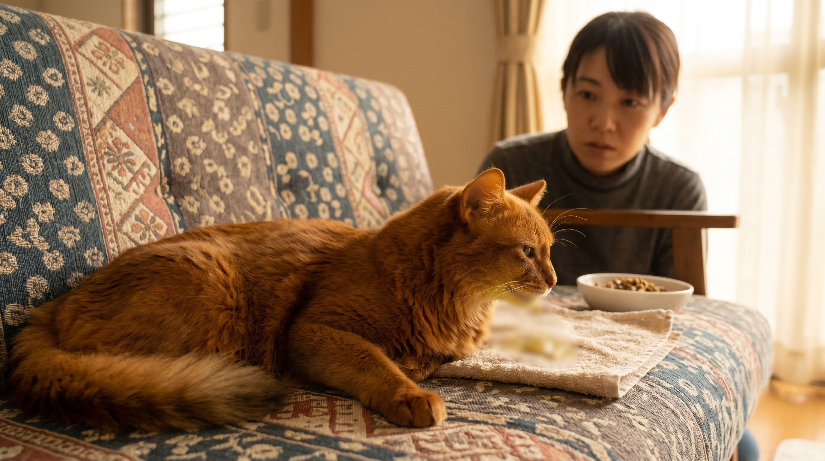 目や耳の内側が黄色くなっている猫を心配そうに確認する日本人女性（実写風）