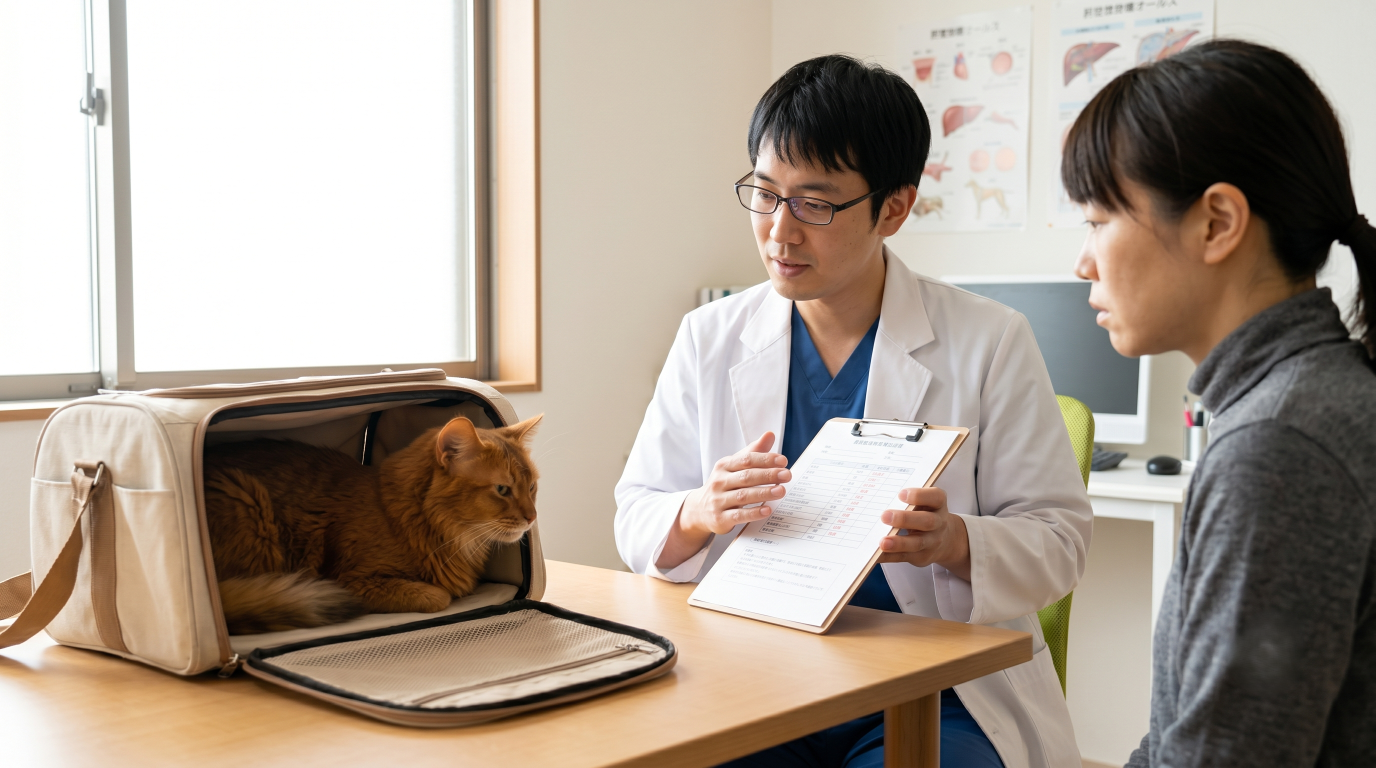 動物病院で腹部超音波検査を受けている猫と獣医師（実写風）