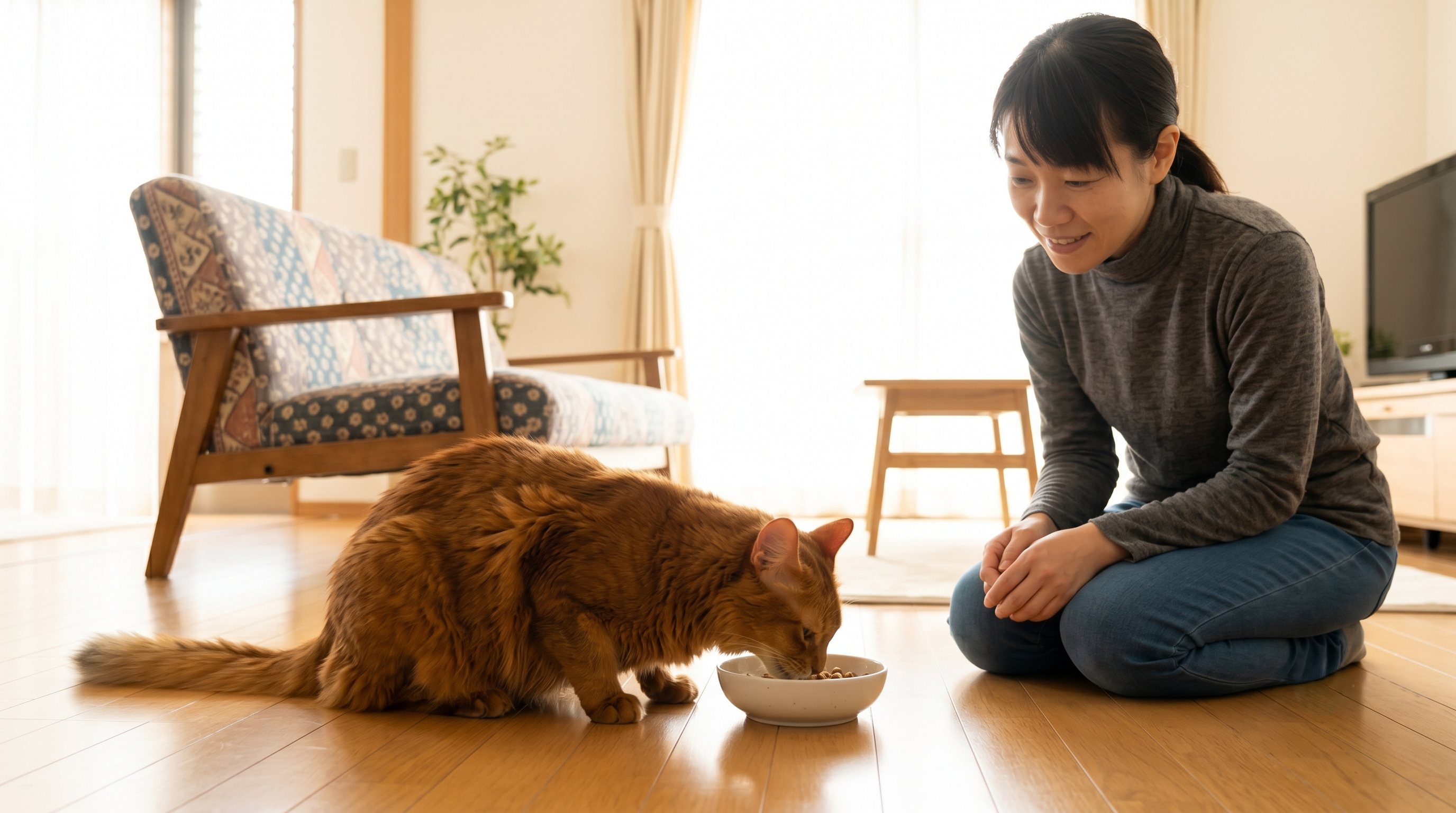 動物病院の診察台で丁寧に猫を診察する獣医師と安心した様子の日本人女性飼い主（実写風）