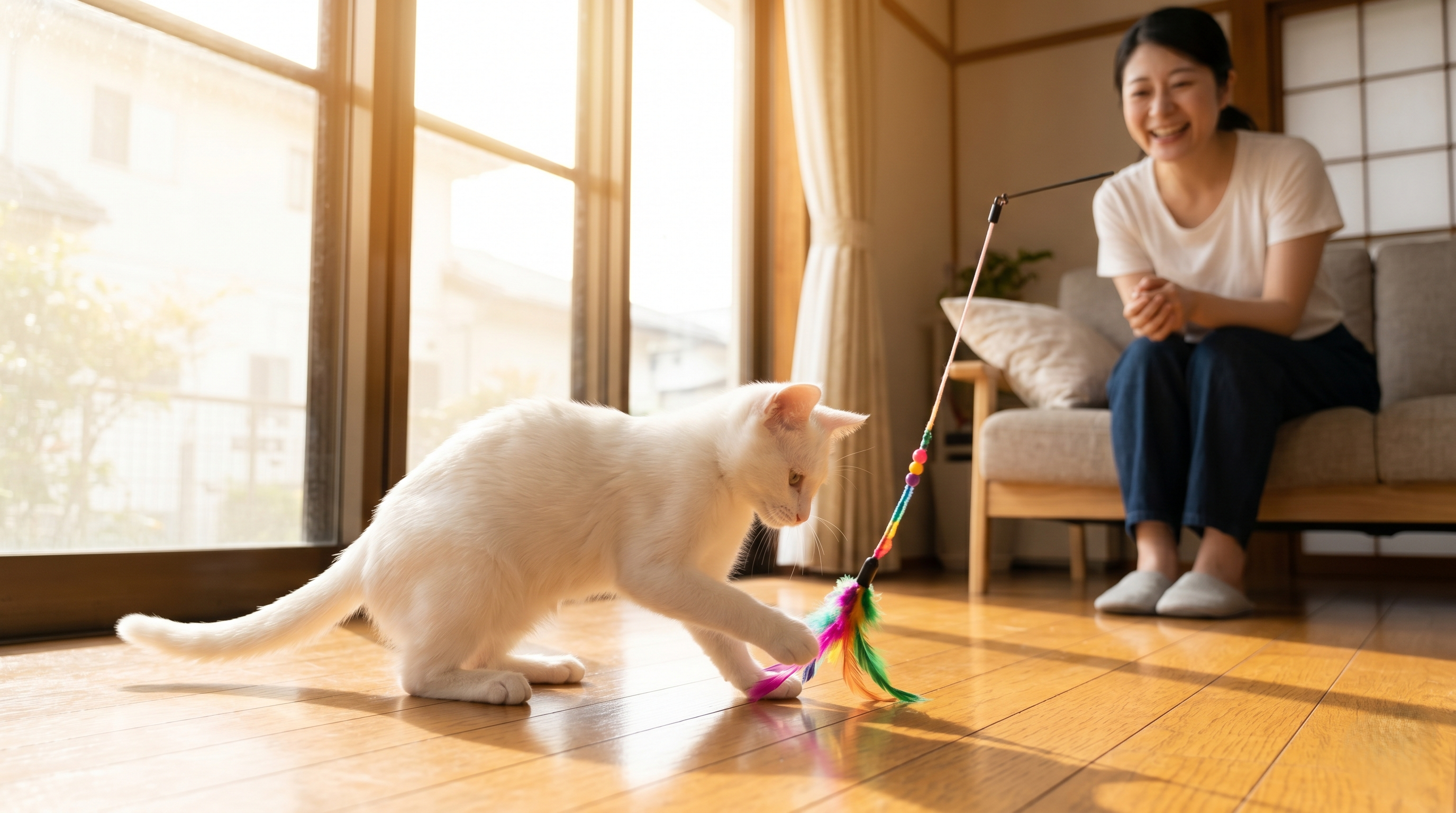 獣医師から駆虫薬の説明を受けながら子猫を抱く日本人の若い女性（実写風）