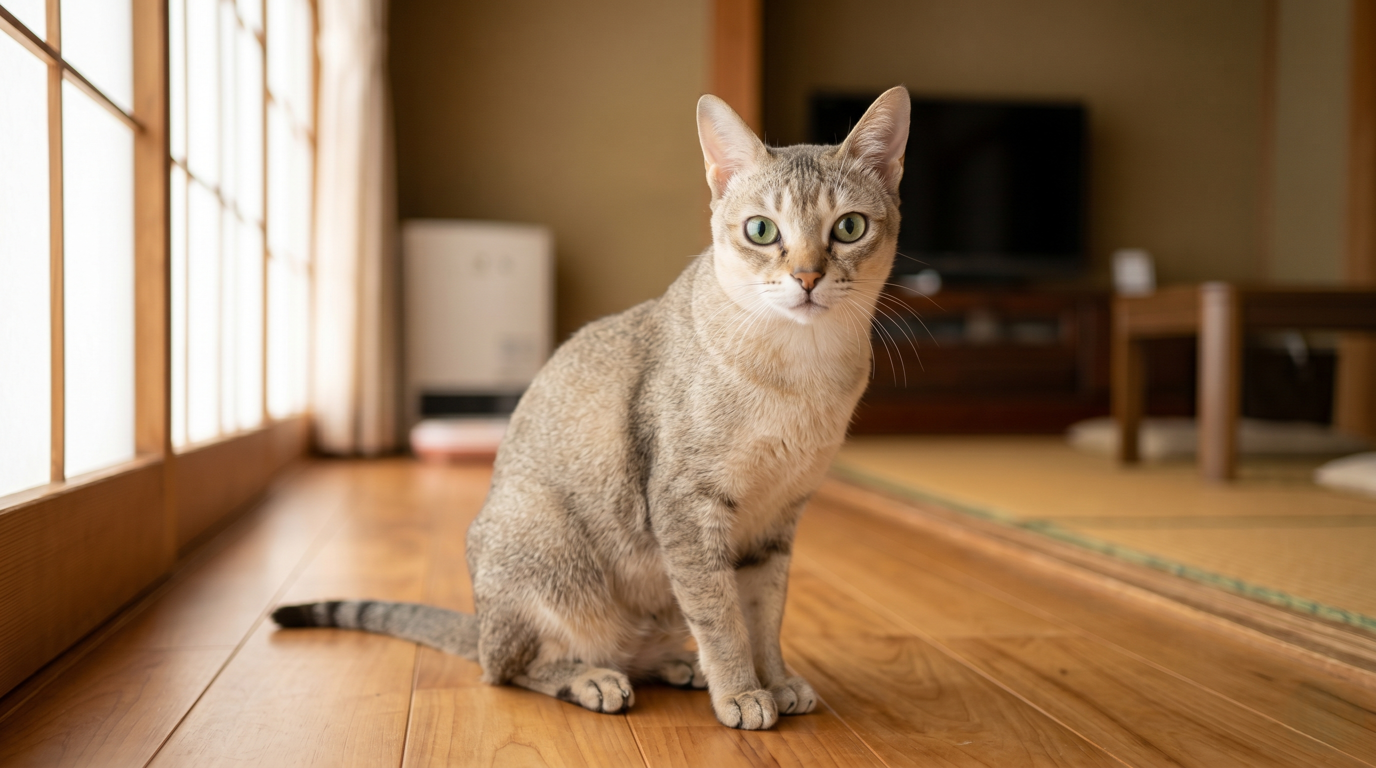 術後に回復しつつある猫の目を優しく確認する日本人女性（実写風）