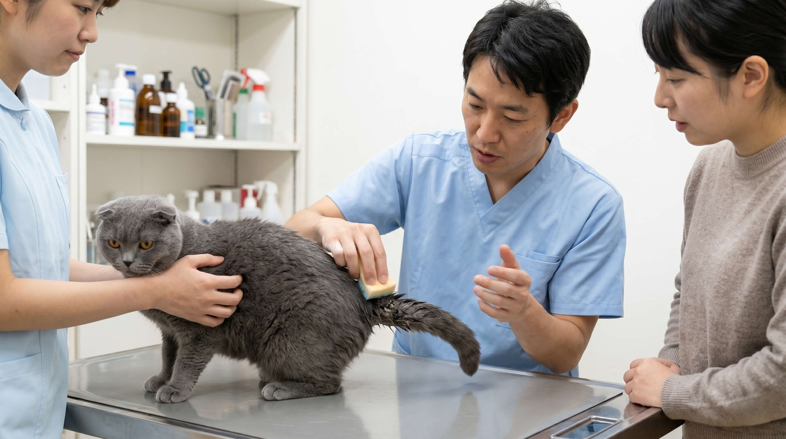 猫の尾の付け根にある皮脂腺の過剰分泌を示す解剖学的な位置を獣医師が確認している様子（実写風）