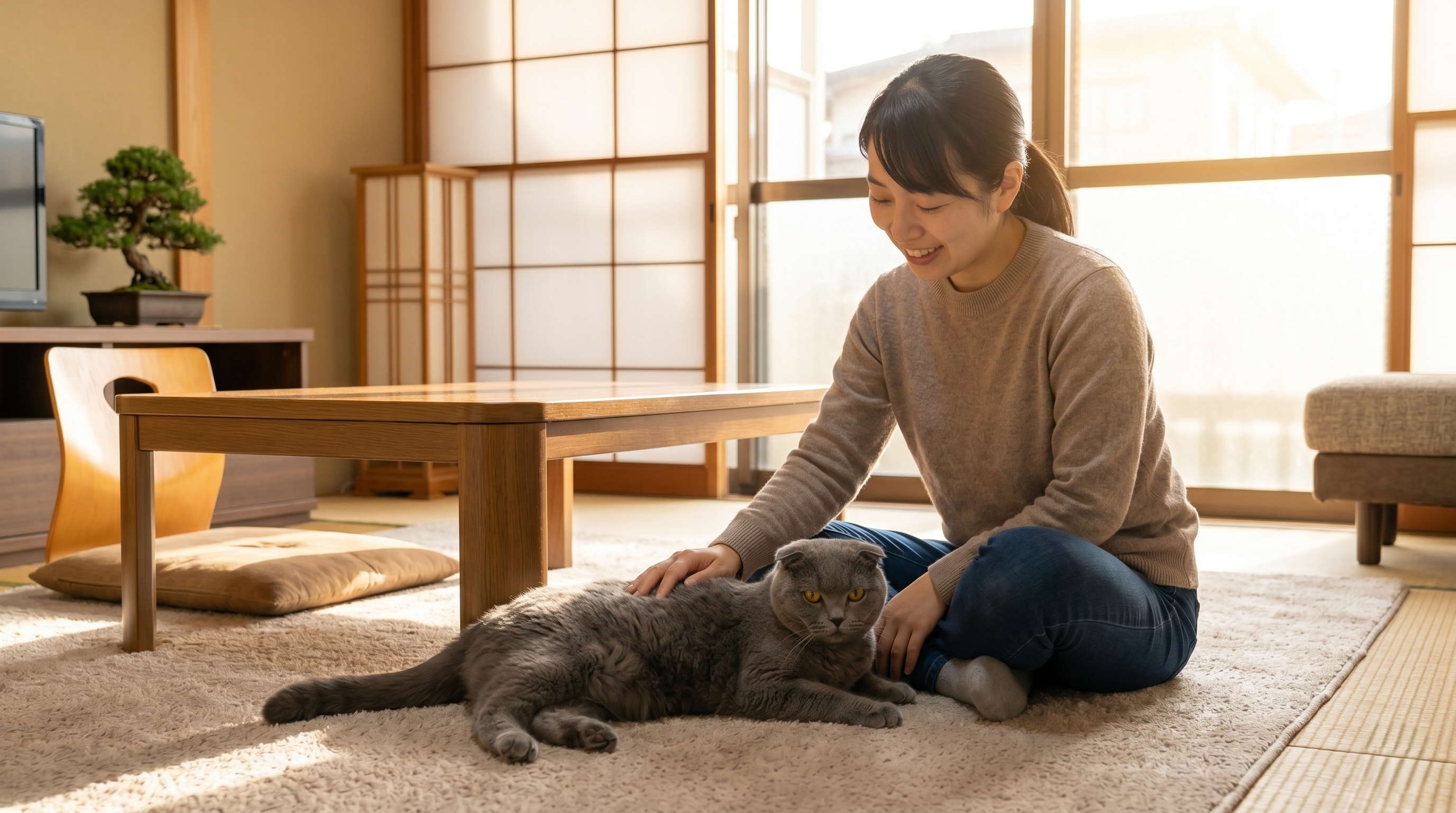 動物病院で獣医師が猫の尾の付け根を丁寧に診察している様子（実写風）