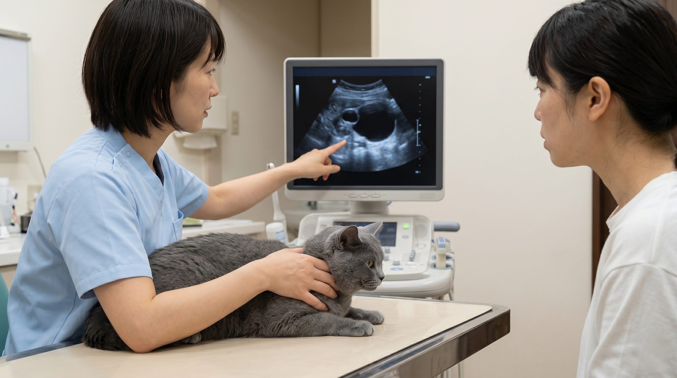 猫の腎臓と尿管の模型を前に獣医師が飼い主に説明している場面（実写風）