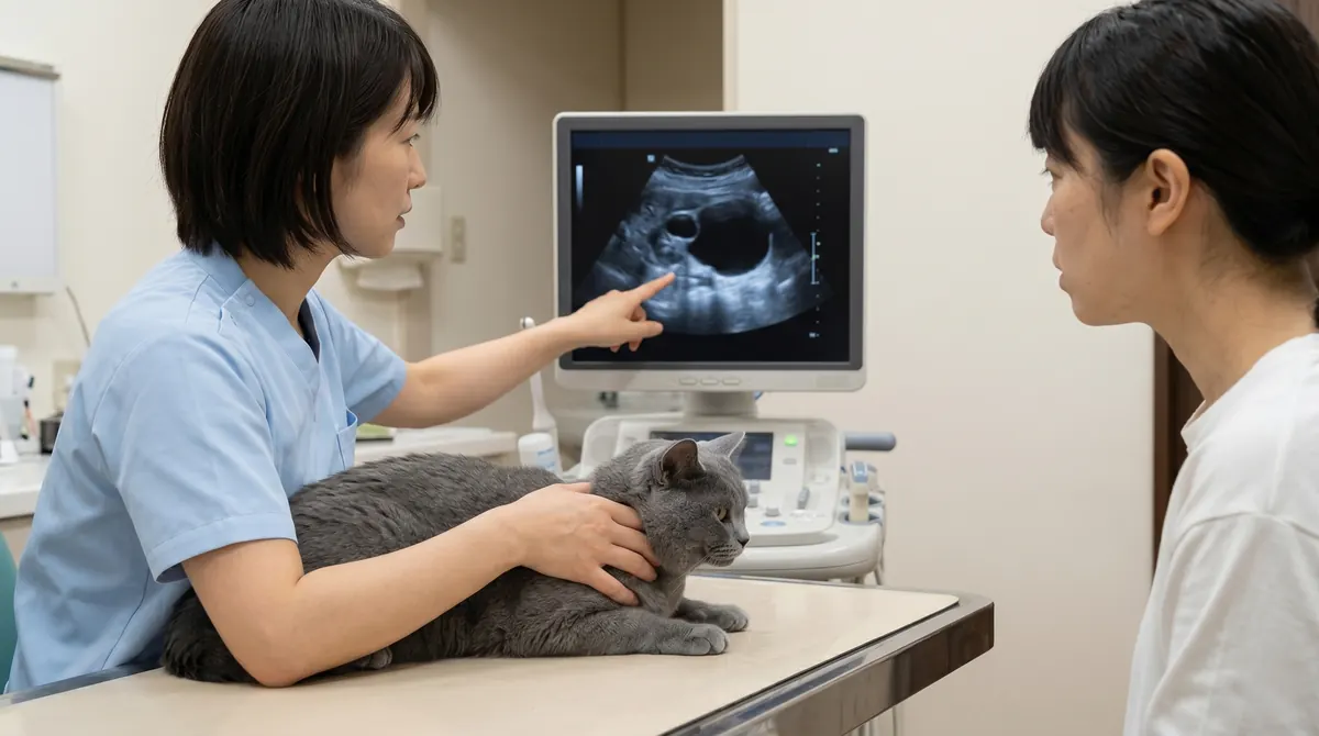猫の腎臓と尿管の模型を前に獣医師が飼い主に説明している場面（実写風）