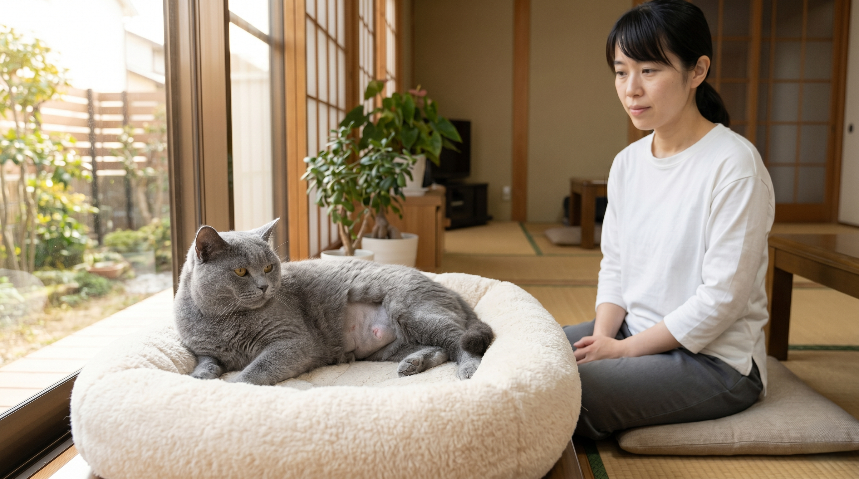 動物病院で猫の腹部エコー検査を行う獣医師と傍で様子を見守る飼い主（実写風）
