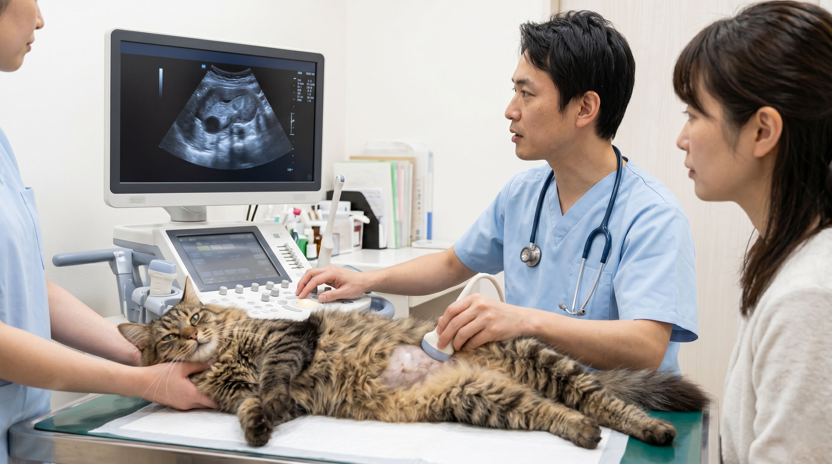 動物病院で猫の腹部を丁寧に触診する獣医師の様子（実写風）