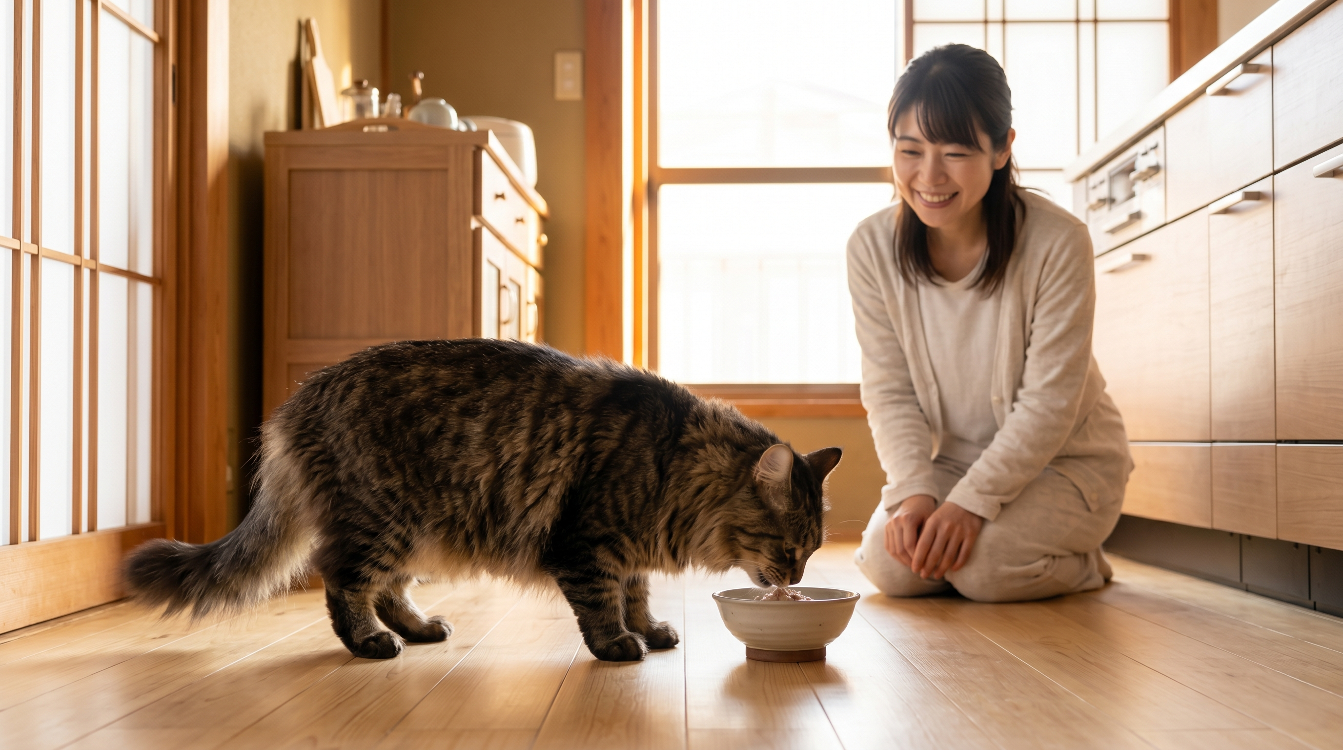 猫をやさしく抱きながら体調を確認している飼い主と動物病院の診察台（実写風）