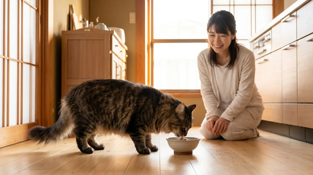 猫をやさしく抱きながら体調を確認している飼い主と動物病院の診察台（実写風）