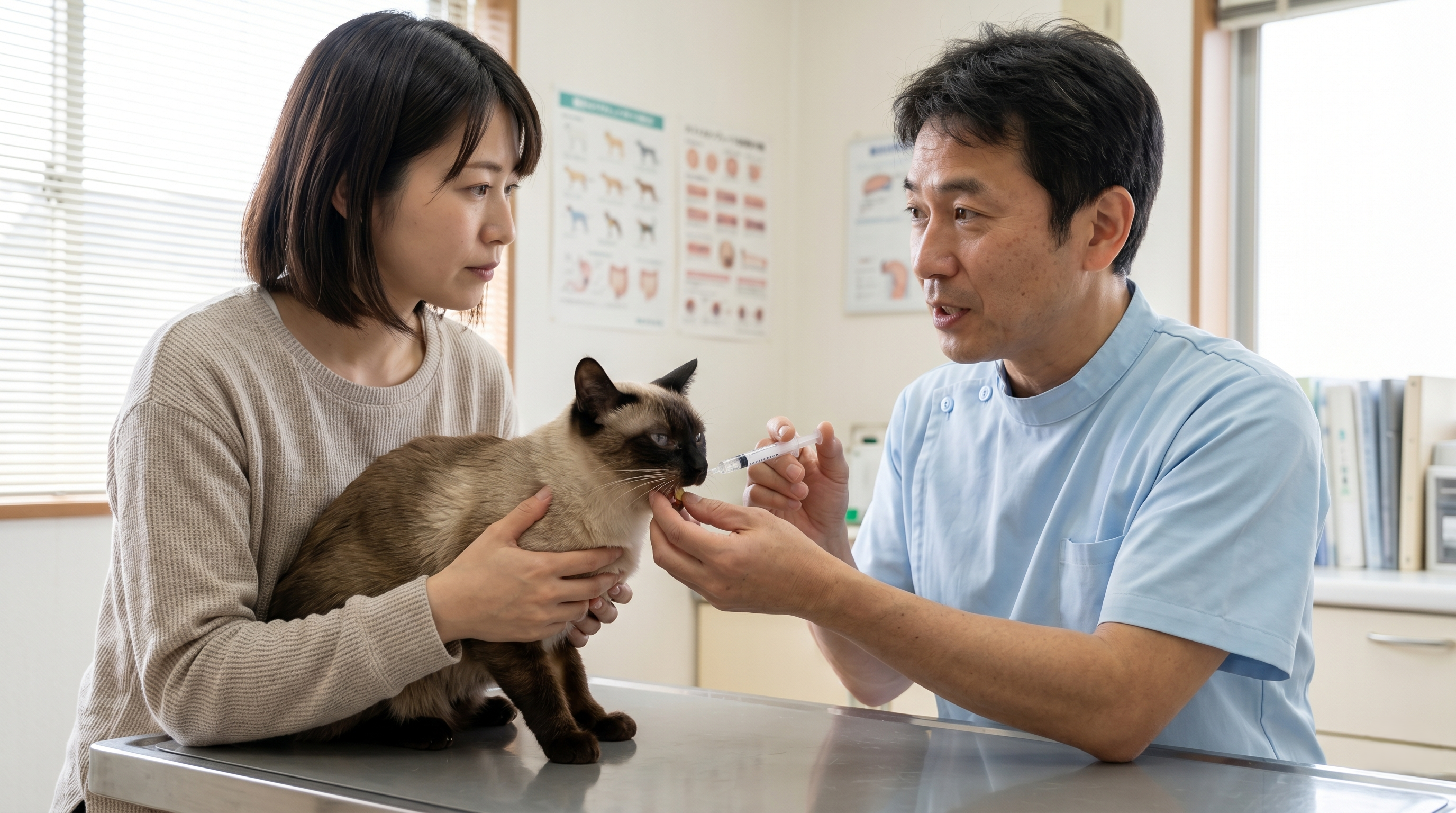 猫に薬を投与した後に水を与えている飼い主の様子——薬剤性食道炎予防のポイント（実写風）