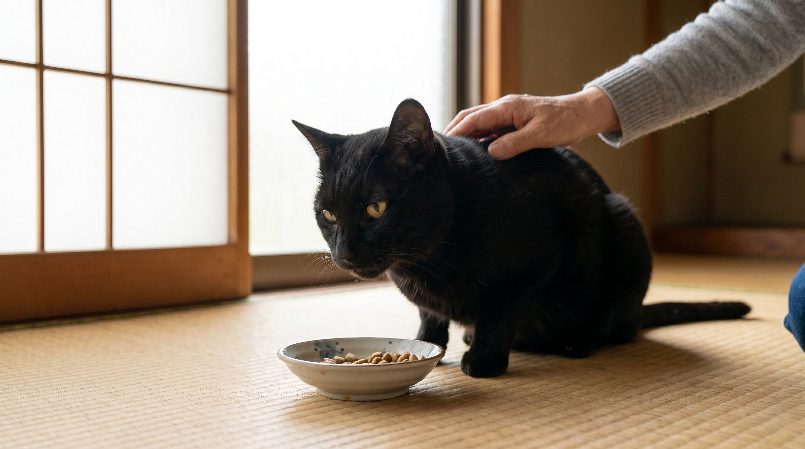 猫の口の中を確認すると歯茎が赤く腫れて歯石が付着している歯周病の典型的な所見（実写風）