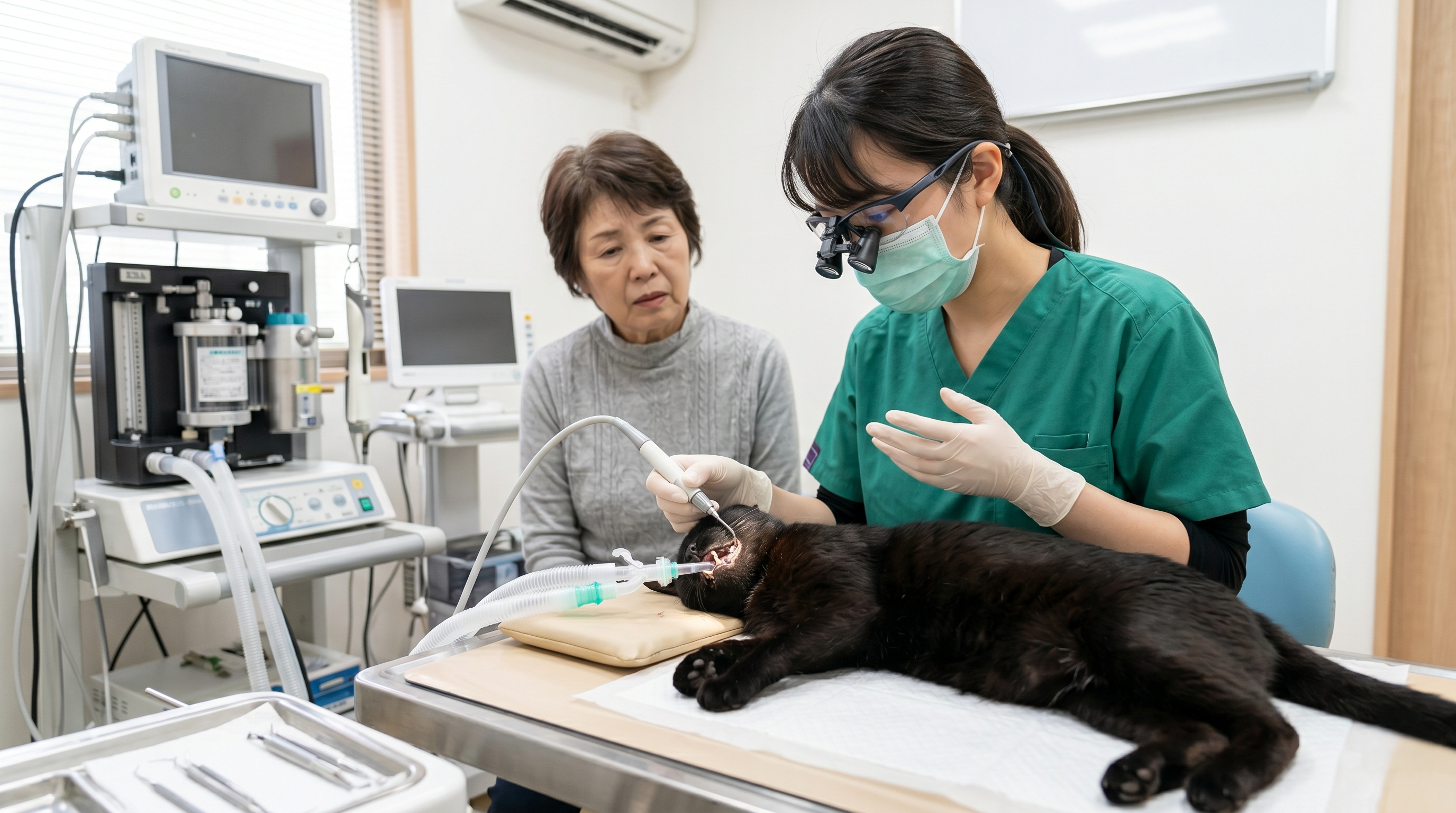 猫の口腔内の歯石と歯肉炎の状態を確認している動物病院の獣医師（実写風）