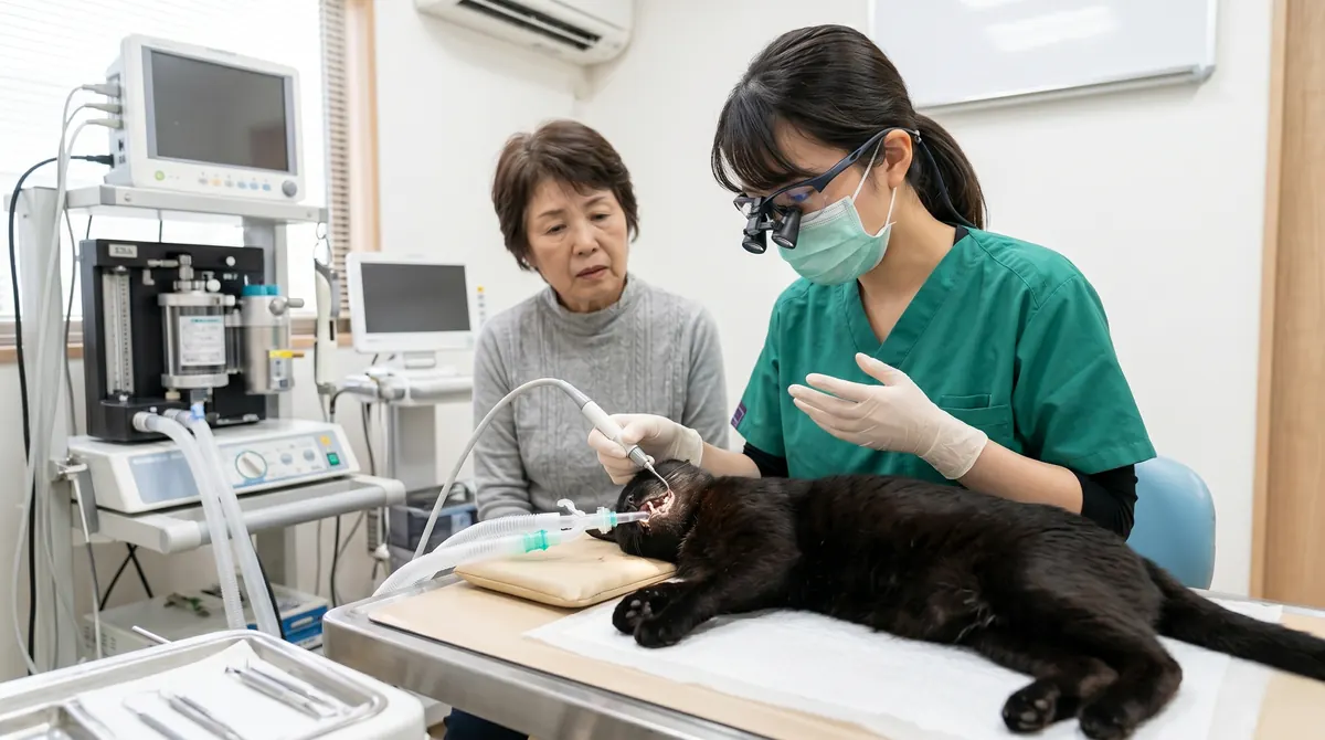 猫の口腔内の歯石と歯肉炎の状態を確認している動物病院の獣医師（実写風）