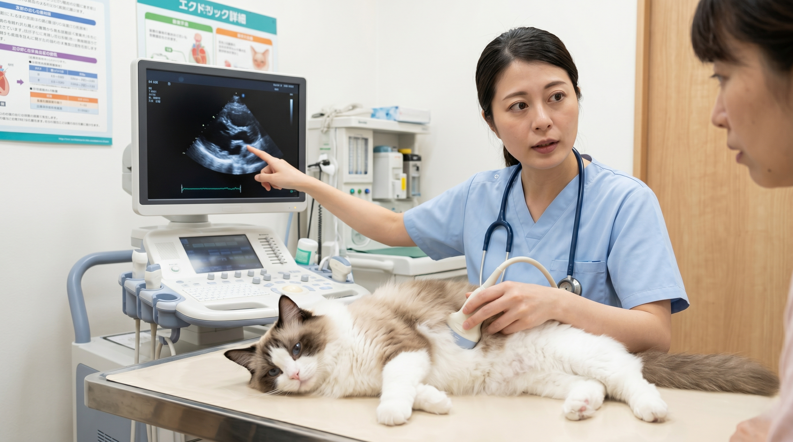 猫の心臓エコー検査を受ける猫と獣医師（実写風）