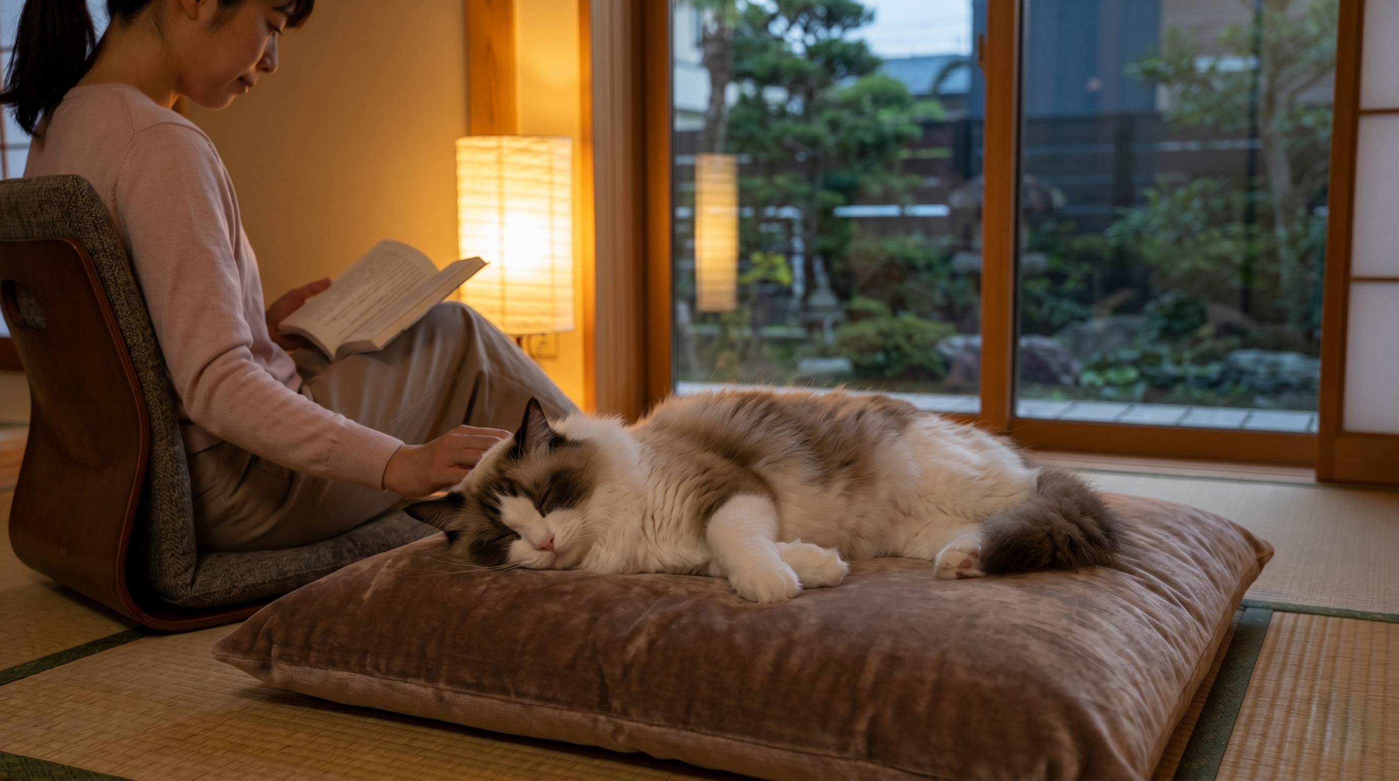 猫の定期健康診断で心臓チェックを受ける猫と安心した表情の飼い主（実写風）