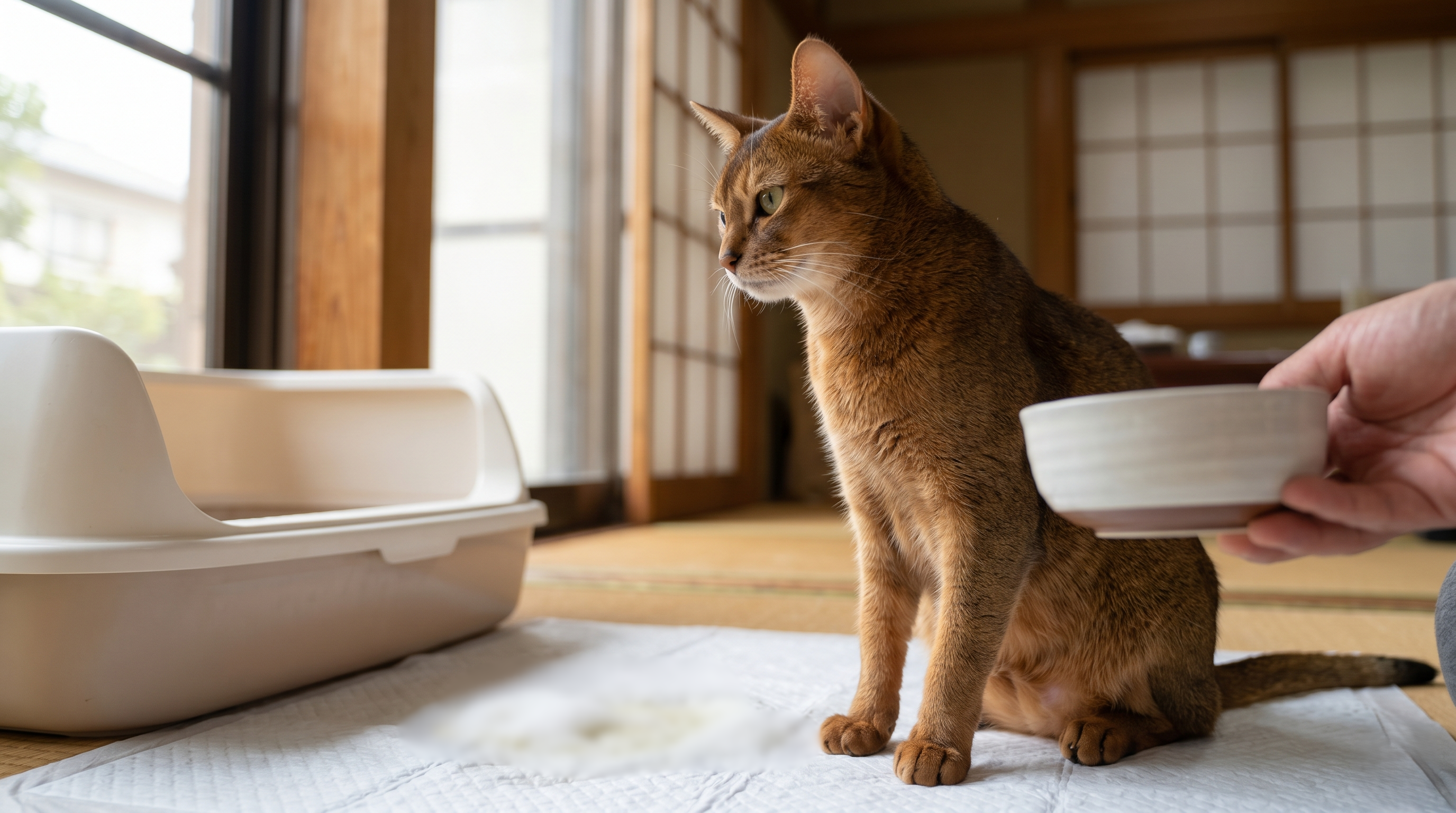 体のむくみや元気消失が見られる猫を心配そうに抱きかかえる飼い主（実写風）