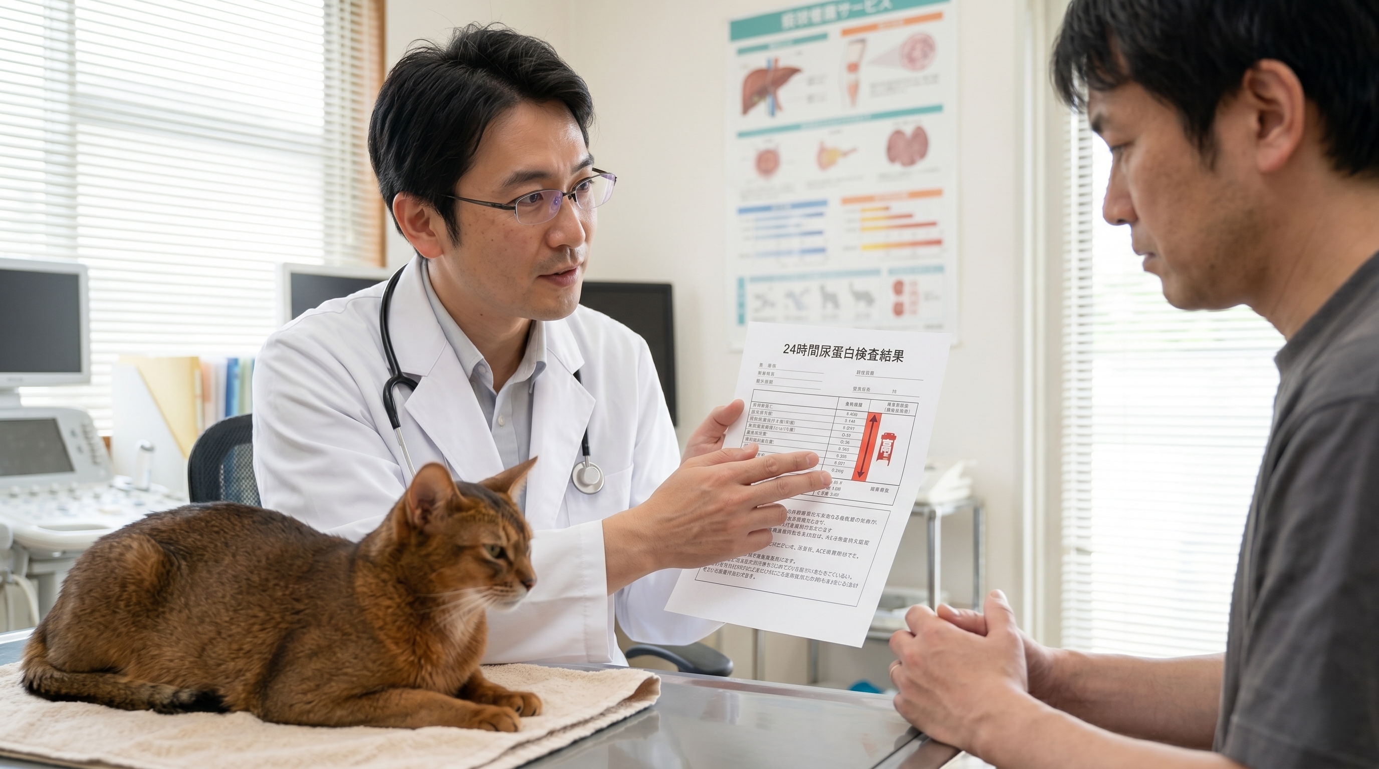 動物病院での尿検査・血液検査を受ける猫（実写風）