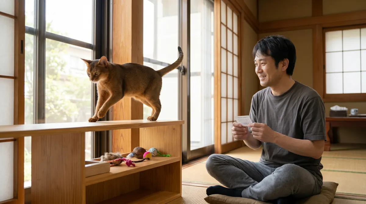 定期検診で血液検査・尿検査の結果を確認する飼い主と獣医師（実写風）